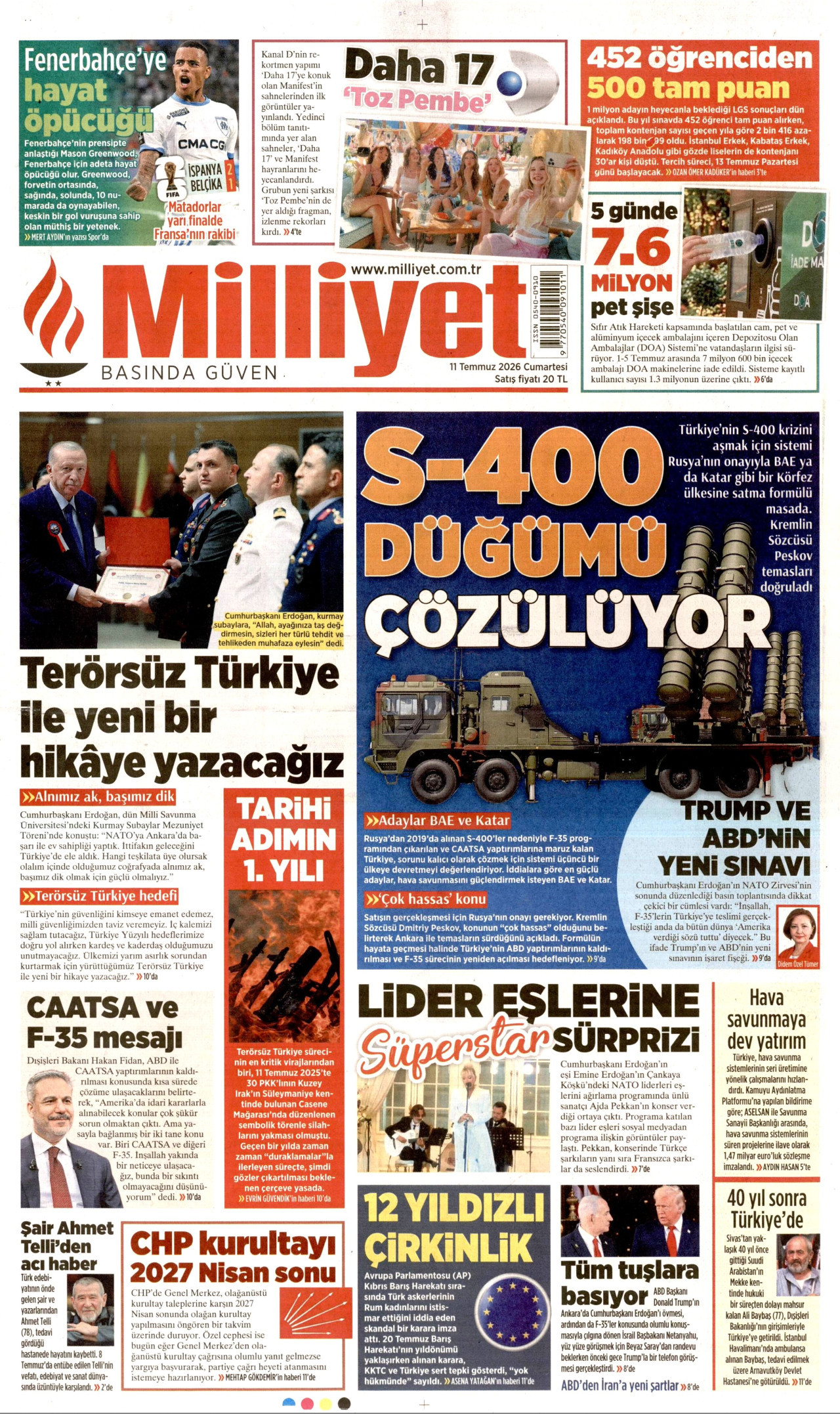 Milliyet Gazetesi Manşeti - 11 Temmuz 2026 Birinci Sayfa