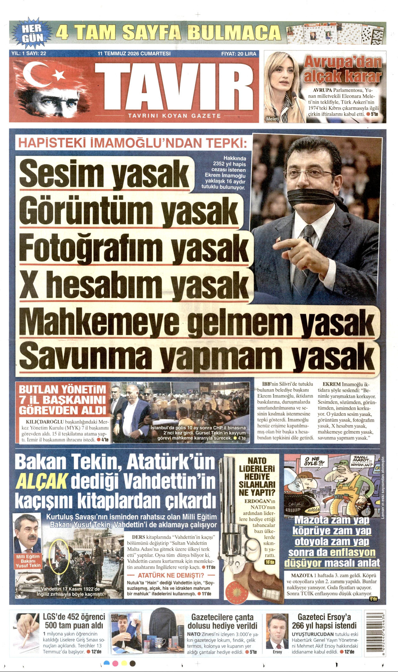 Tavır Gazetesi Gazetesi Manşeti - 11 Temmuz 2026 Birinci Sayfa