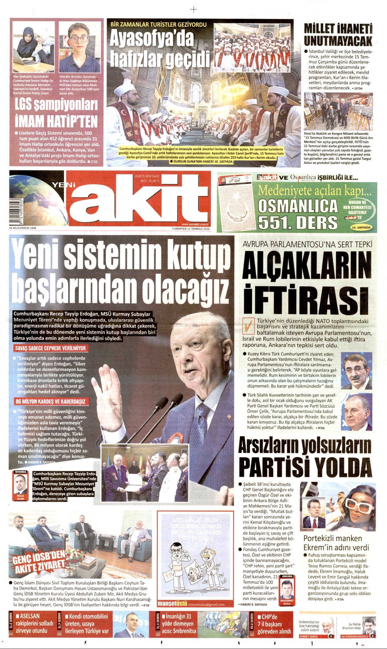 Yeni Akit Gazetesi Manşeti - 14 Temmuz 2026 Birinci Sayfa