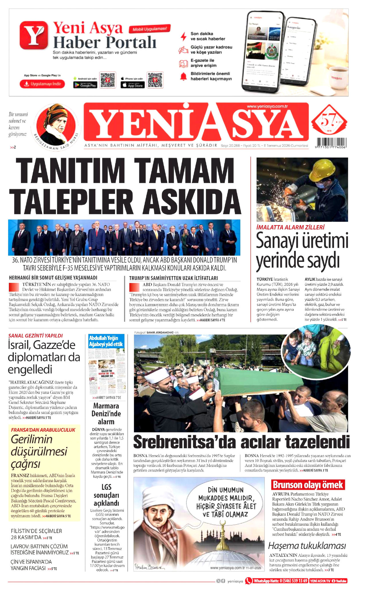 Yeni Asya Gazetesi Manşeti - 11.07.2026