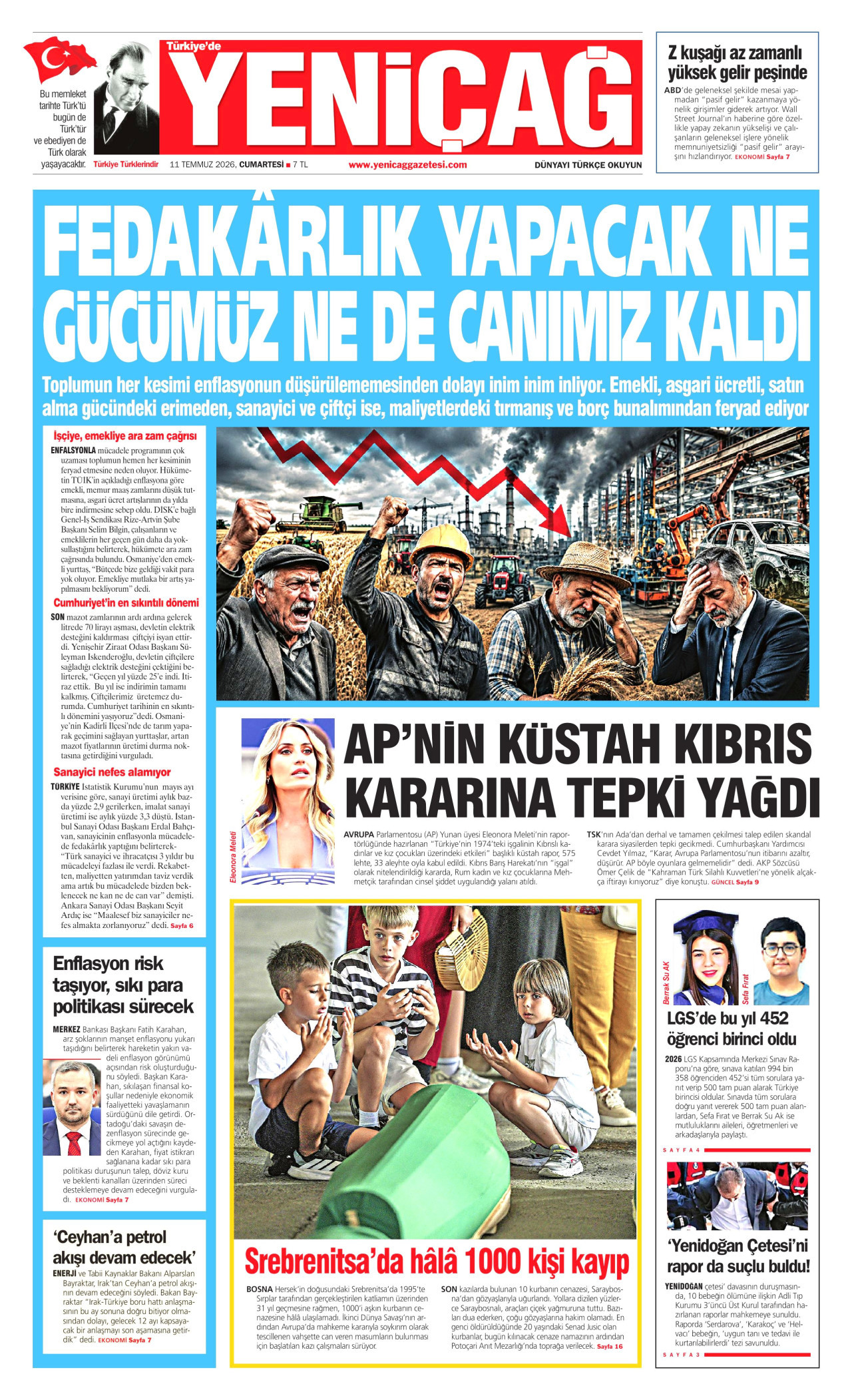 Yeniçağ Gazetesi Manşeti - 14 Temmuz 2026 Birinci Sayfa