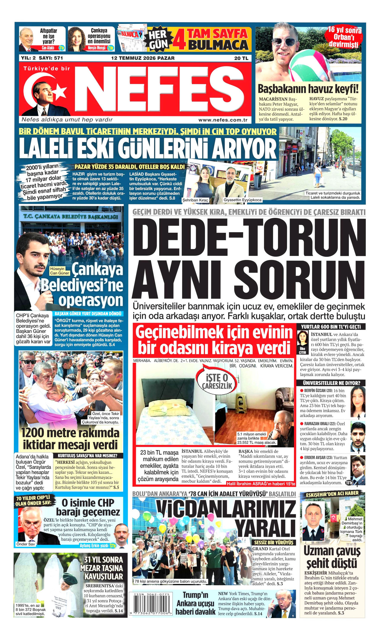 Nefes Gazetesi Manşeti - 12 Temmuz 2026 Birinci Sayfa