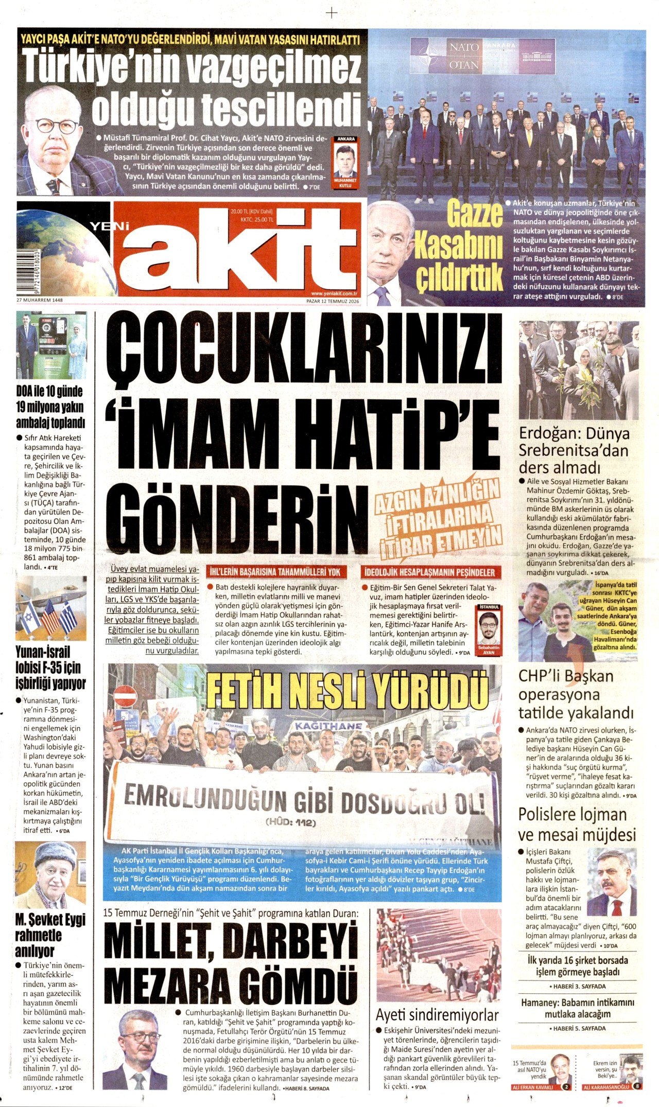 Yeni Akit Gazetesi Manşeti - 12 Temmuz 2026 Birinci Sayfa