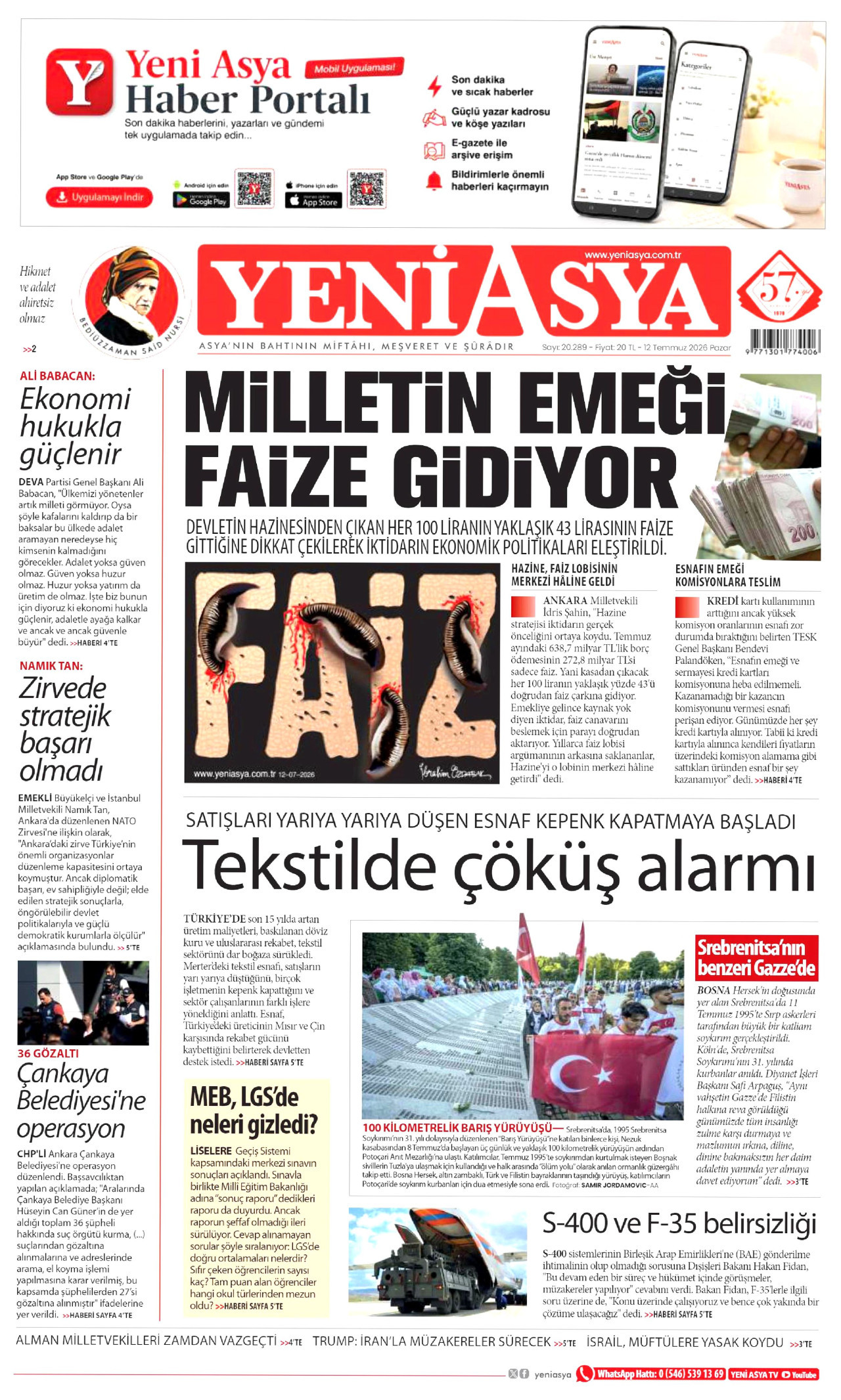 Yeni Asya Gazetesi Manşeti - 12.07.2026