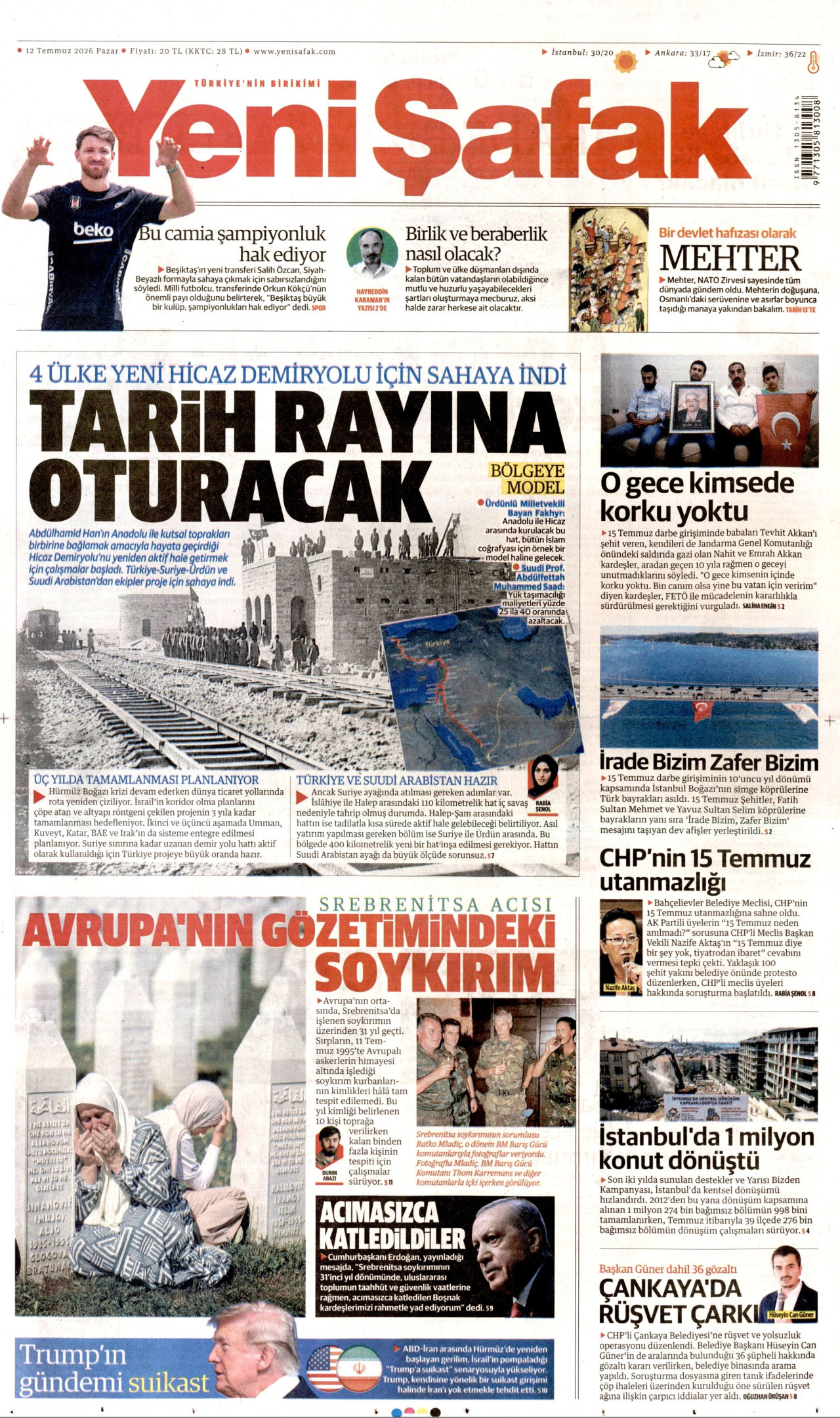 Yeni Şafak Gazetesi Manşeti - 12.07.2026