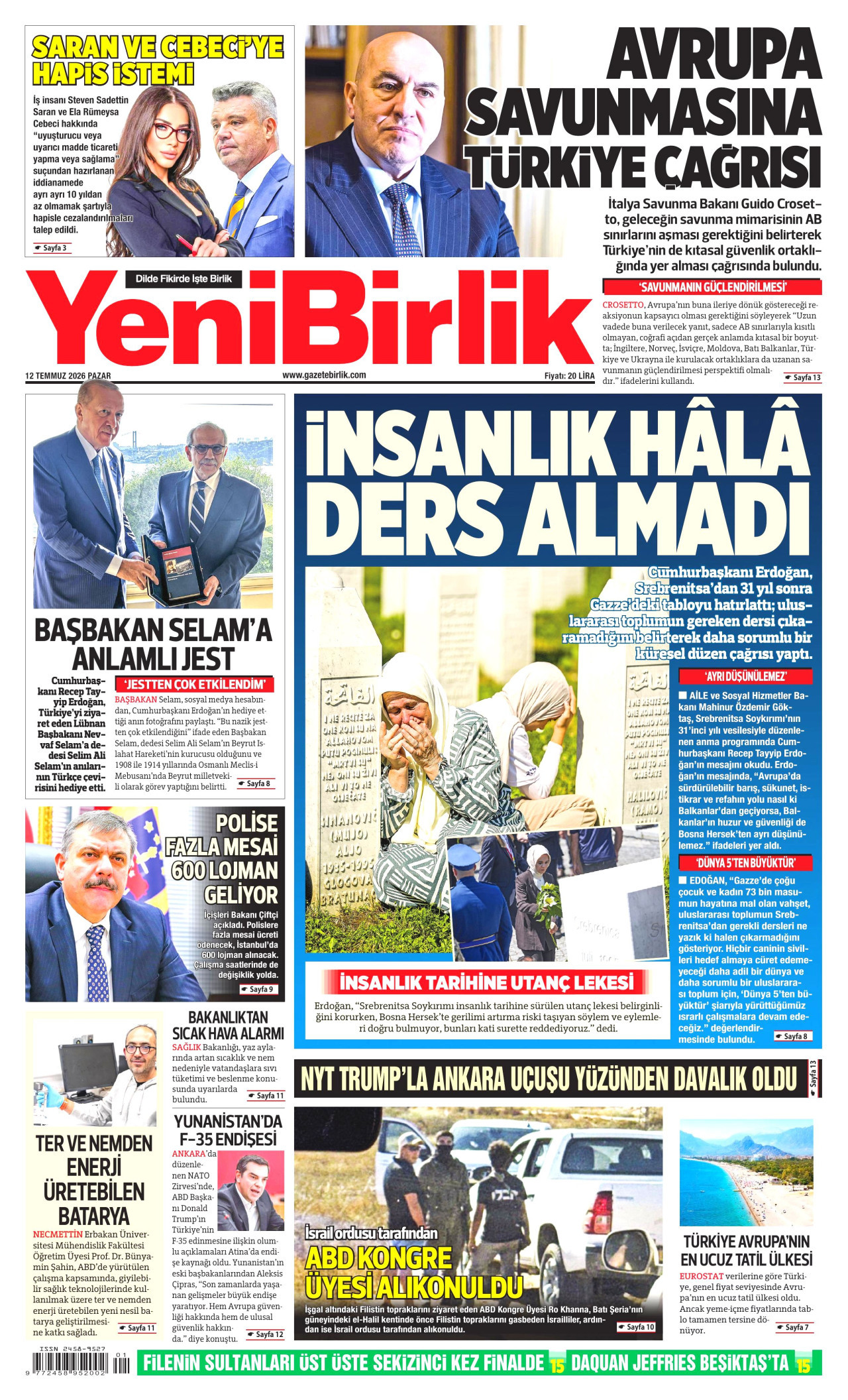 YeniBirlik Gazetesi Manşeti - 12.07.2026