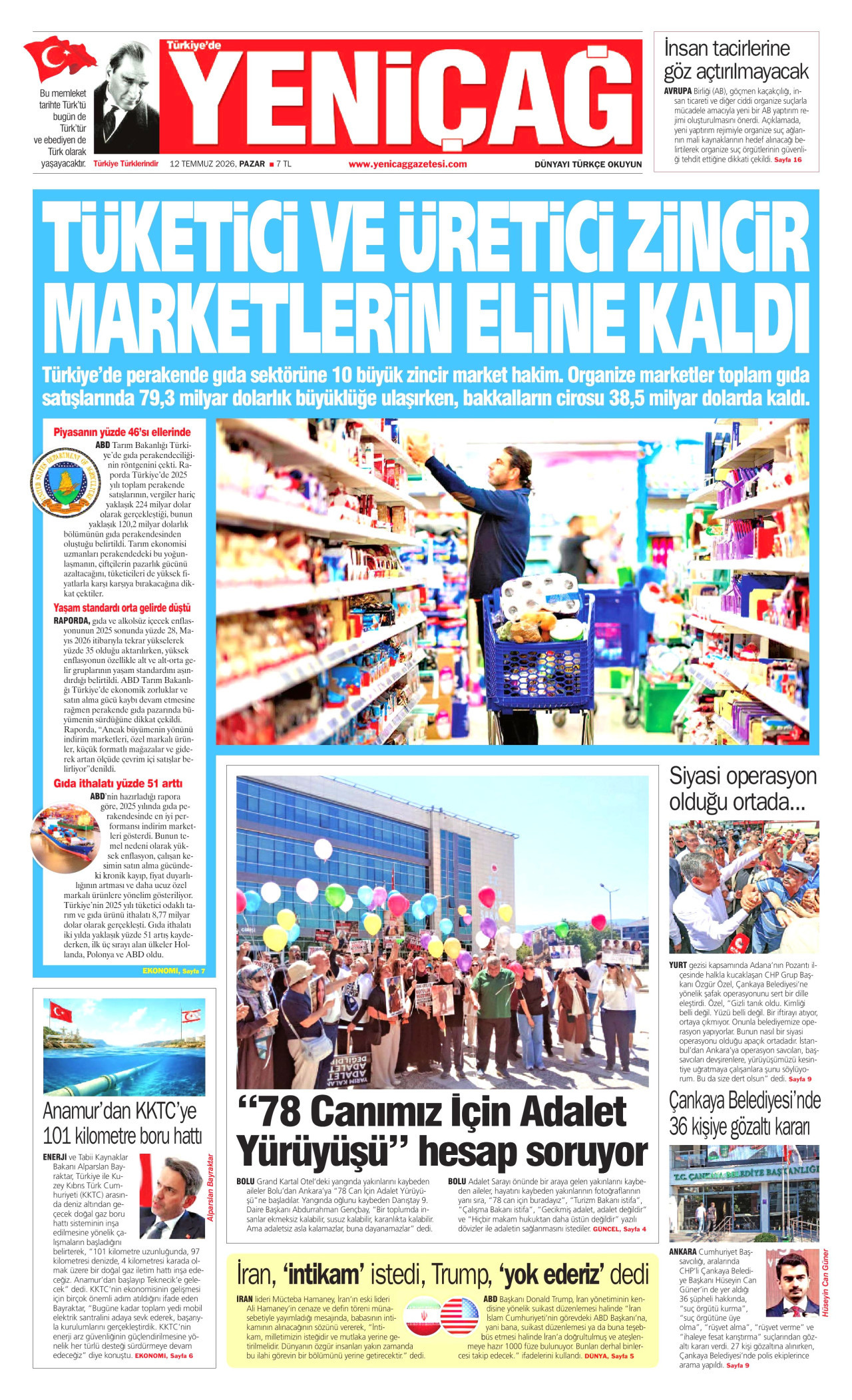 Yeniçağ Gazetesi Manşeti - 12 Temmuz 2026 Birinci Sayfa