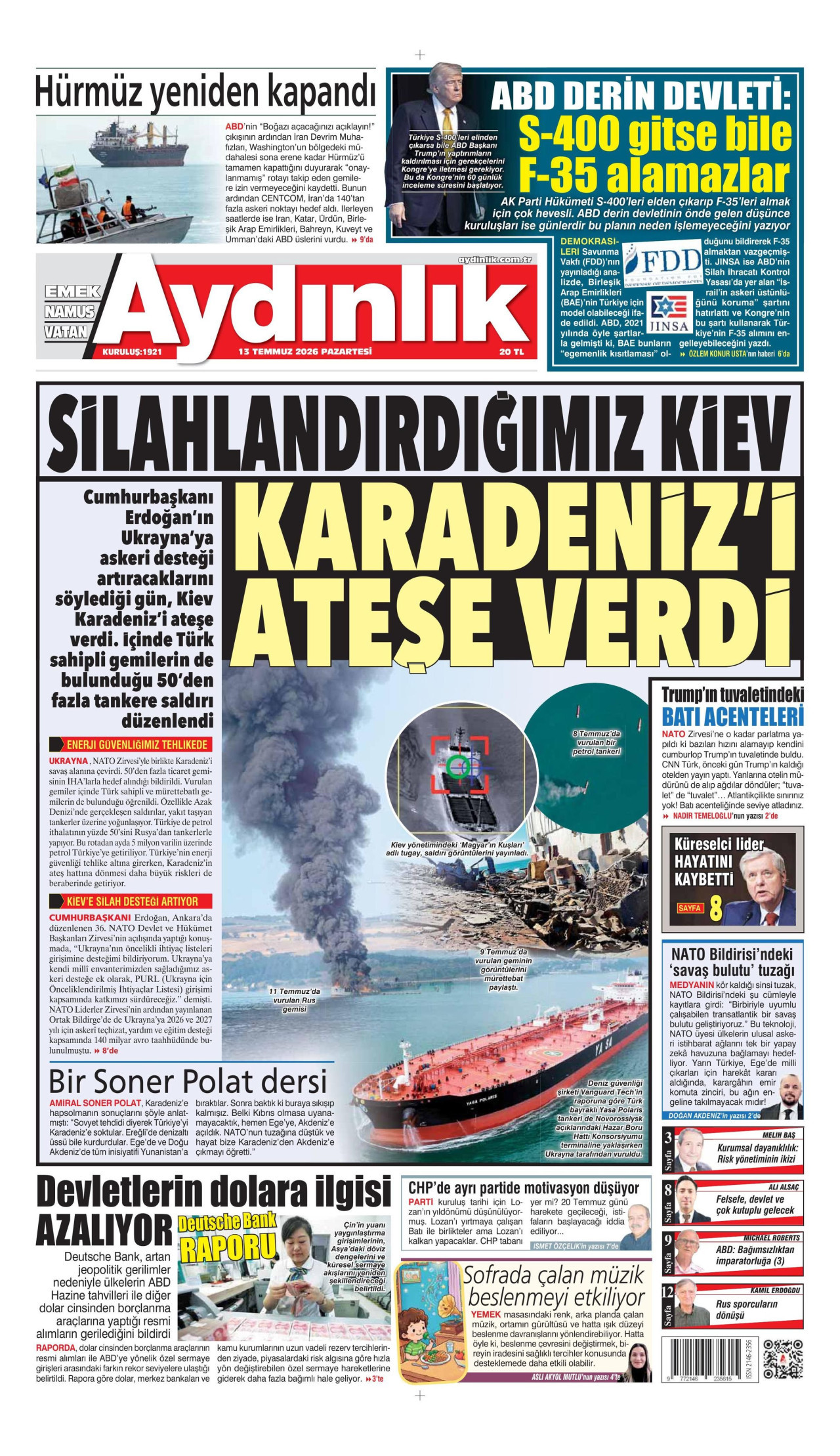 Aydınlık Gazetesi Gazetesi Manşeti - 13 Temmuz 2026 Birinci Sayfa