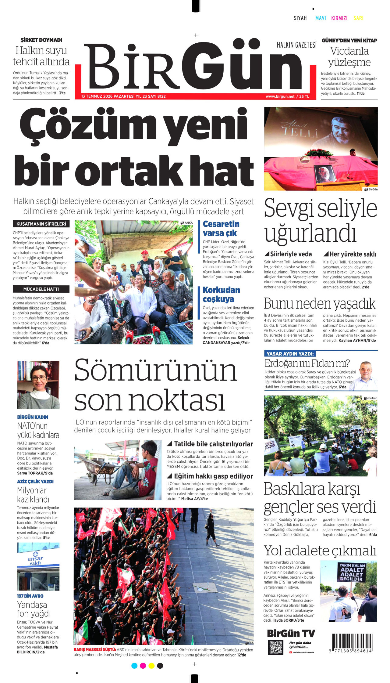 BirGün Gazetesi Manşeti - 13 Temmuz 2026 Birinci Sayfa