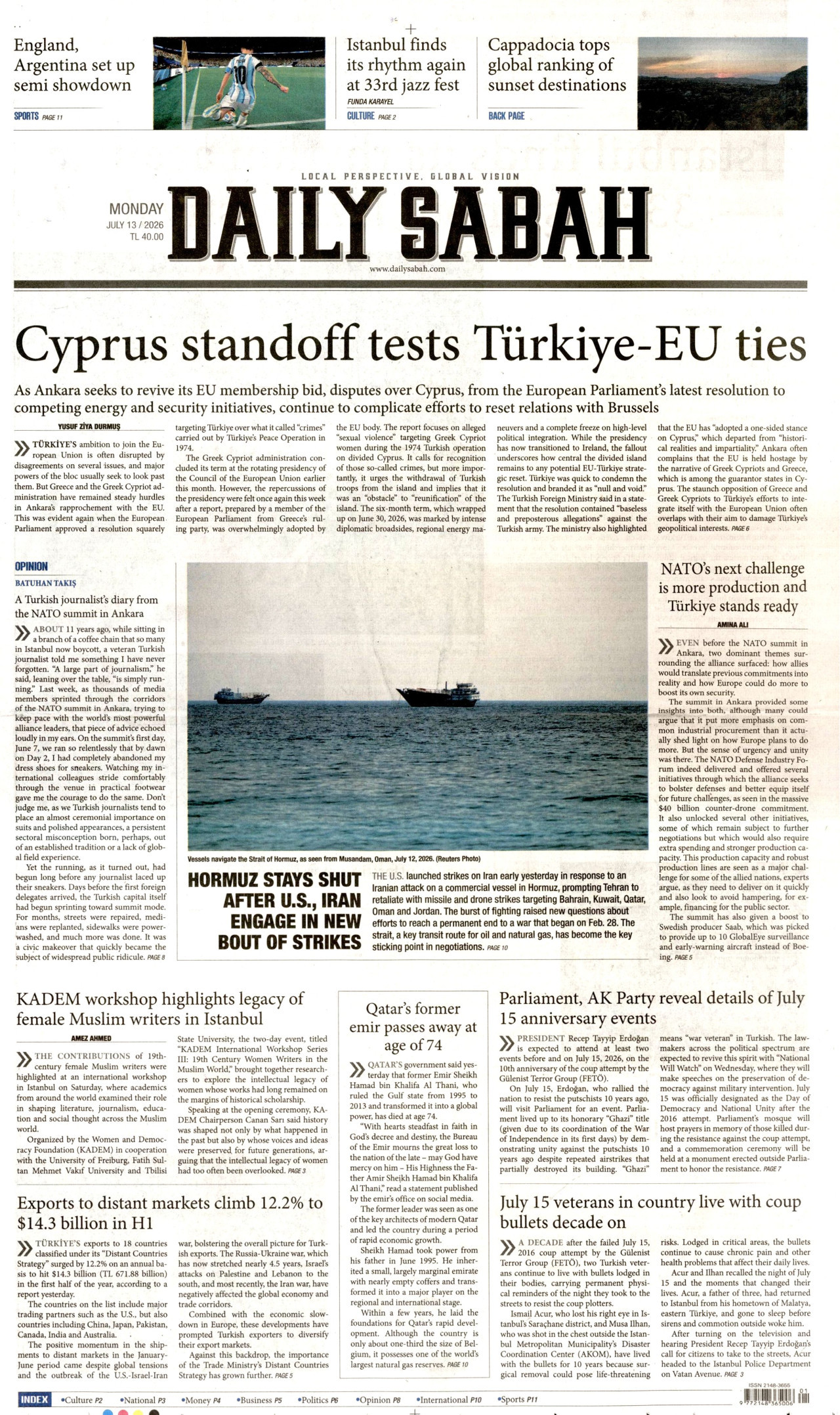 Daily Sabah Gazetesi Manşeti - 13 Temmuz 2026 Birinci Sayfa