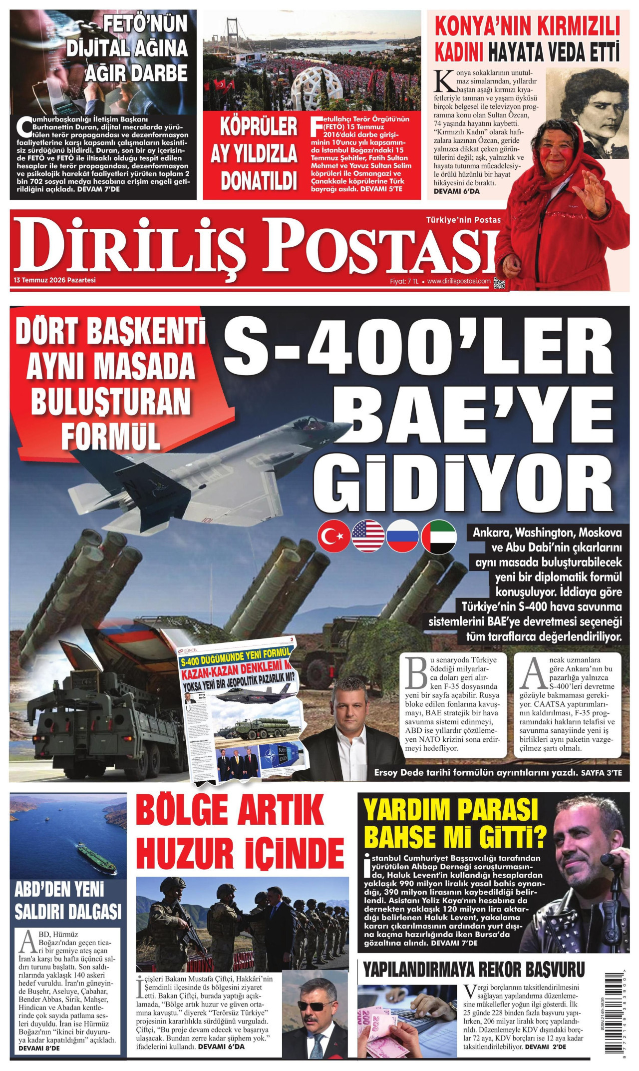 Diriliş Postası Gazetesi Manşeti - 13 Temmuz 2026 Birinci Sayfa