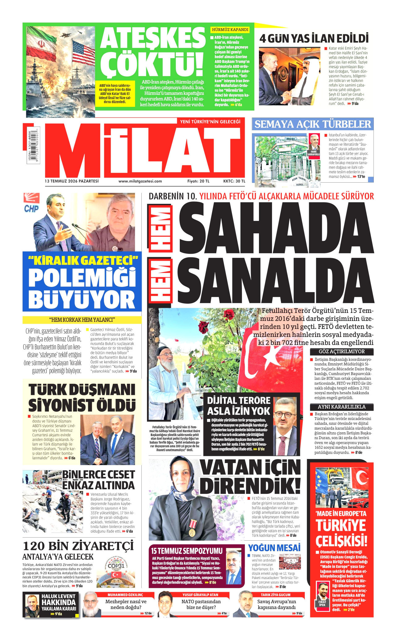 Milat Gazetesi Manşeti - 13 Temmuz 2026 Birinci Sayfa