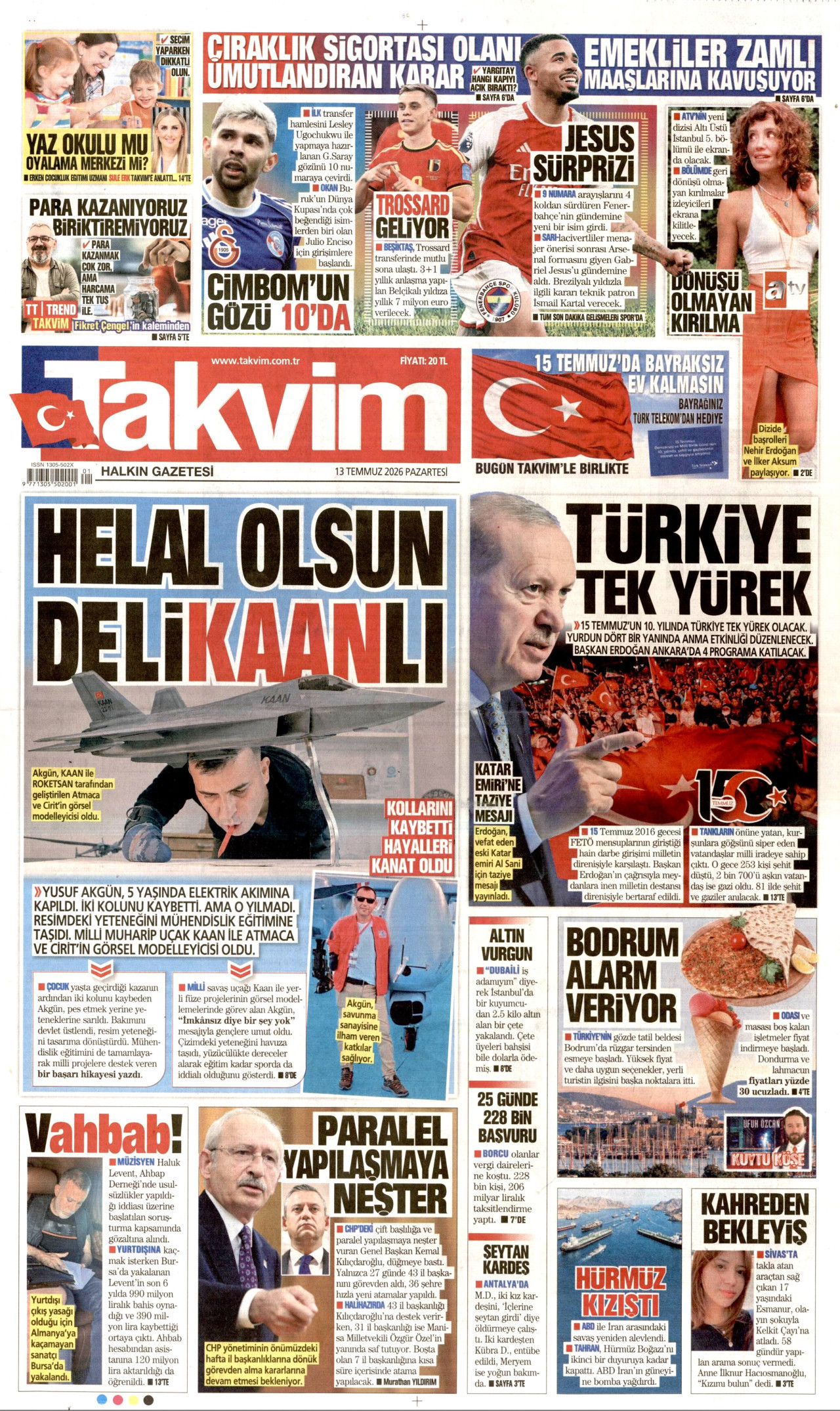 Takvim Gazetesi Manşeti - 13 Temmuz 2026 Birinci Sayfa