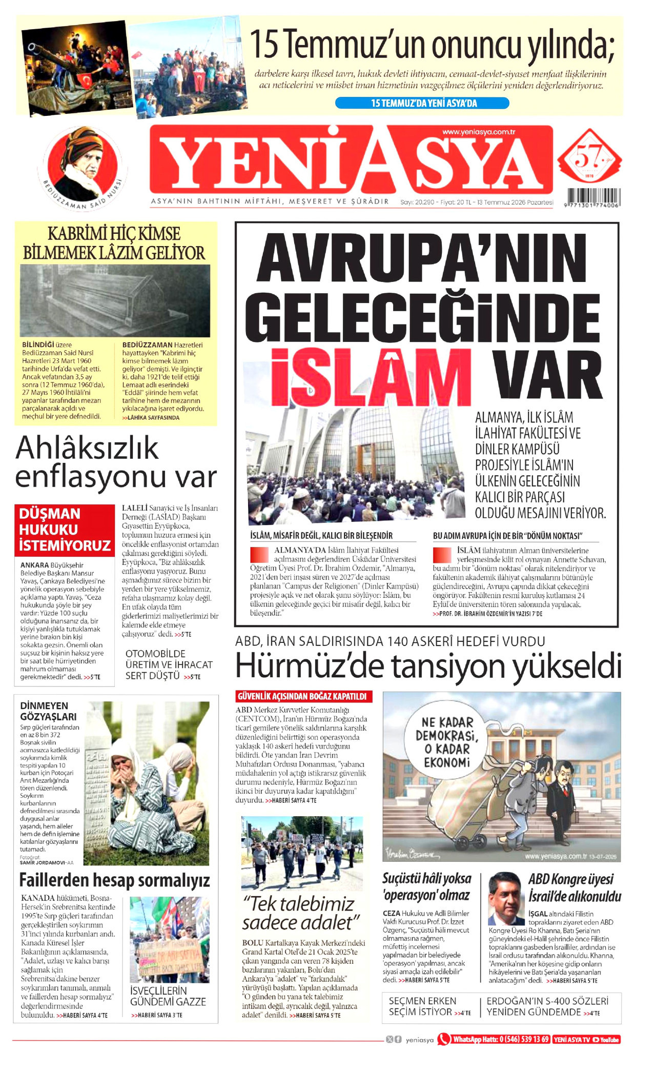 Yeni Asya Gazetesi Manşeti - 13 Temmuz 2026 Birinci Sayfa