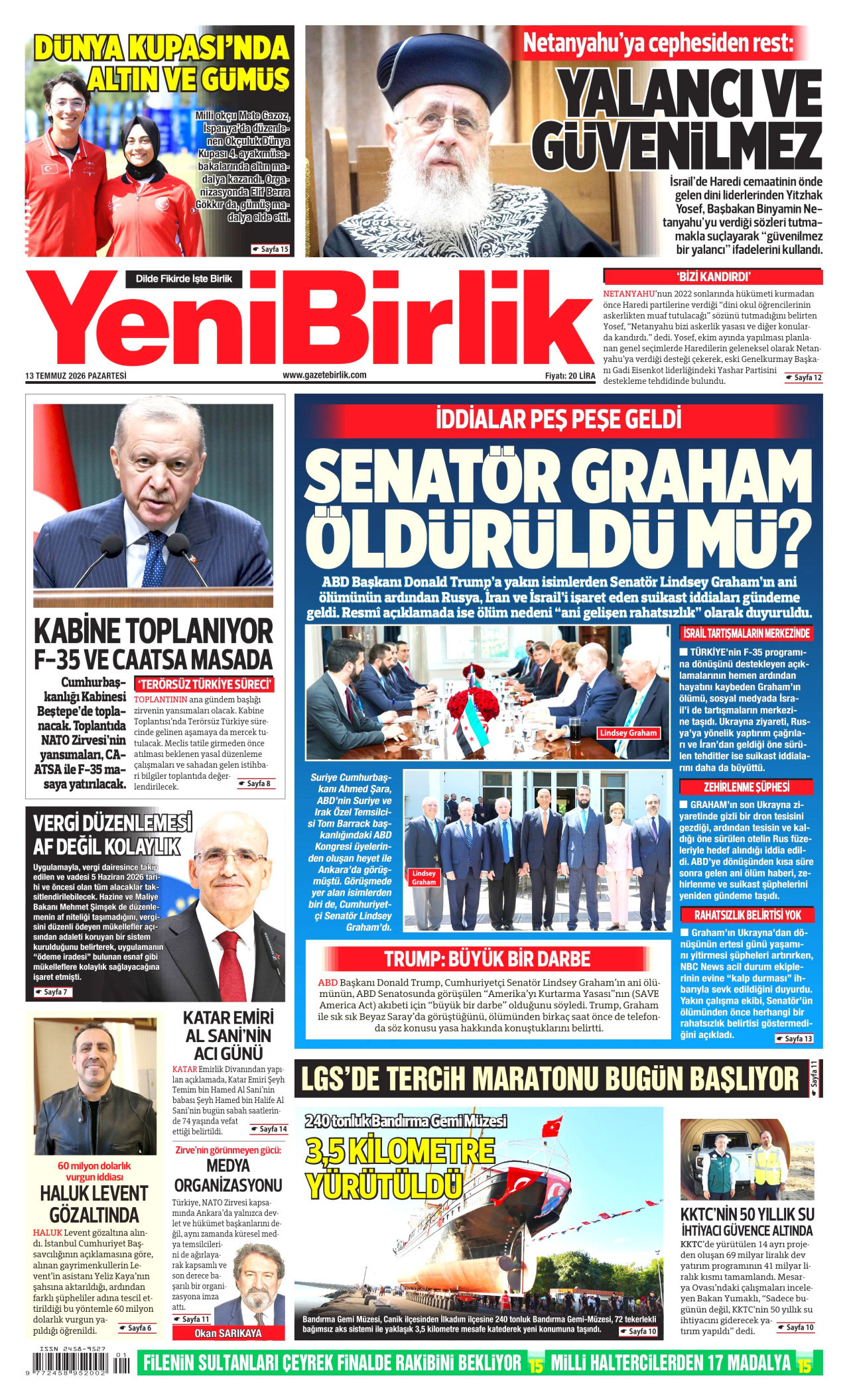 YeniBirlik Gazetesi Manşeti - 13 Temmuz 2026 Birinci Sayfa