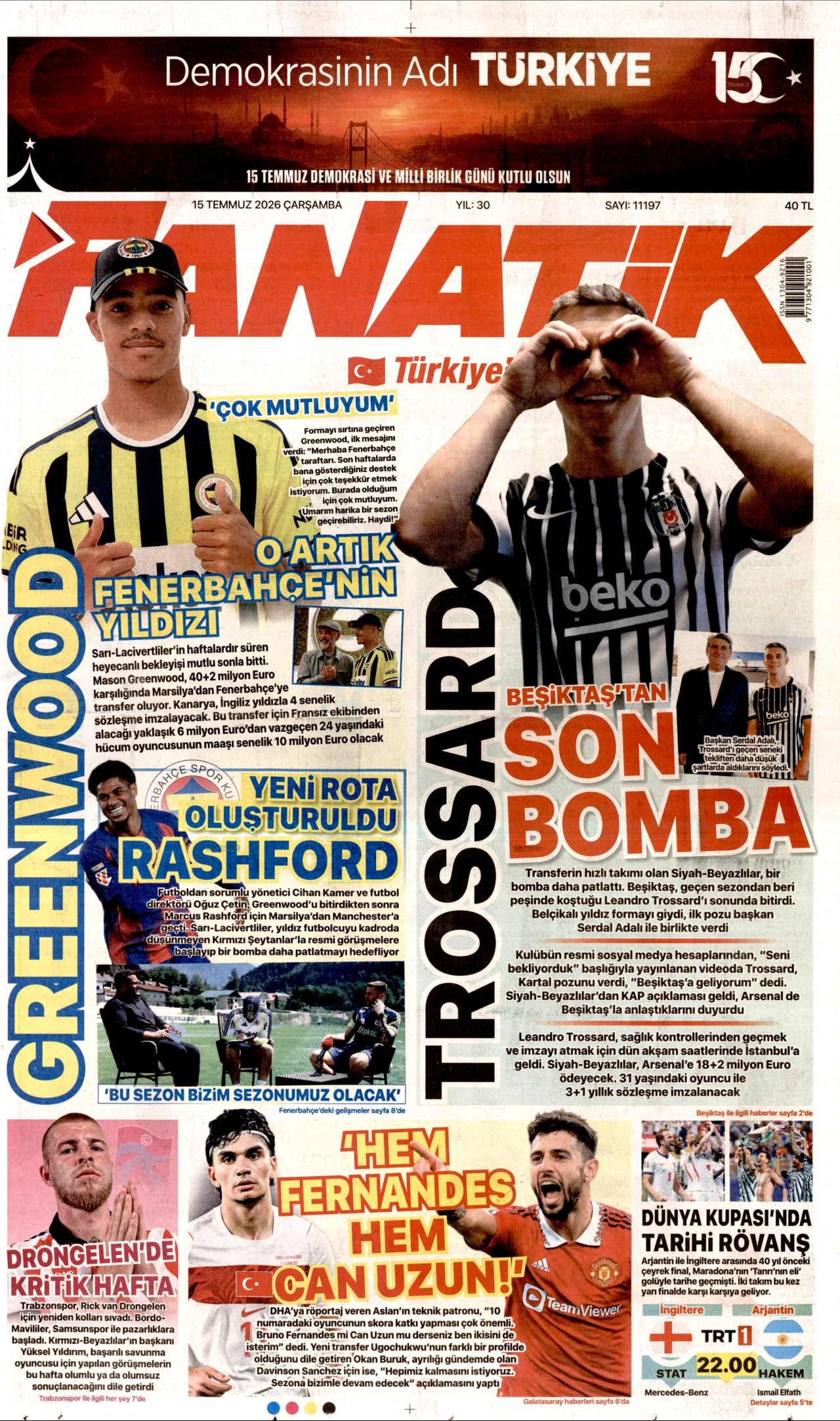 Fanatik Gazetesi Manşeti - 15 Temmuz 2026 Birinci Sayfa