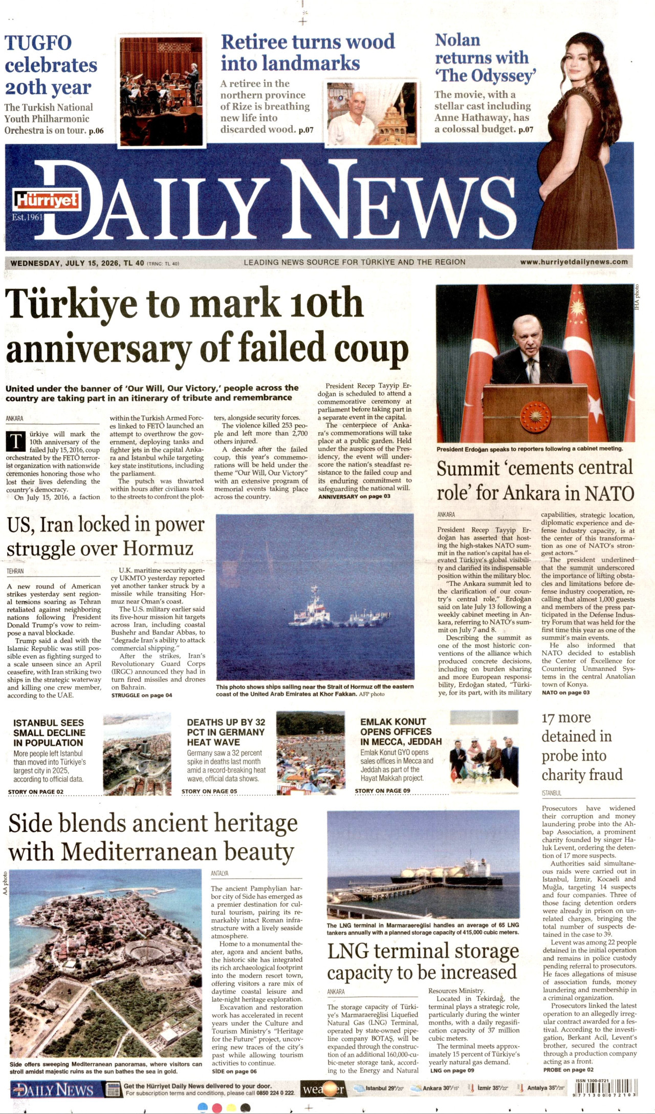 Hürriyet Daily News Gazetesi Manşeti - 15 Temmuz 2026 Birinci Sayfa