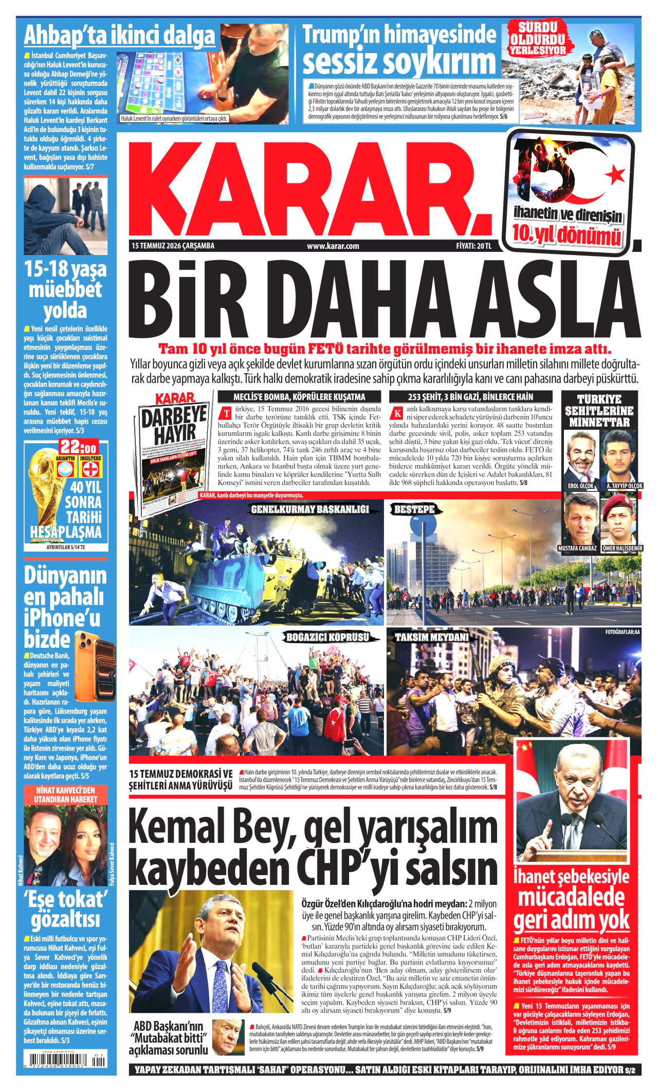 Karar Gazetesi Manşeti - 15 Temmuz 2026 Birinci Sayfa
