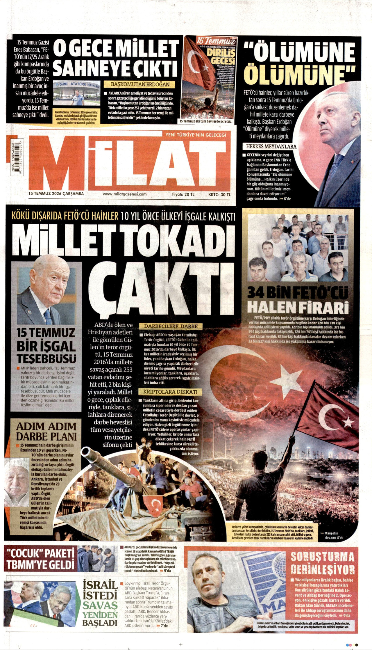 Milat Gazetesi Manşeti - 15 Temmuz 2026 Birinci Sayfa