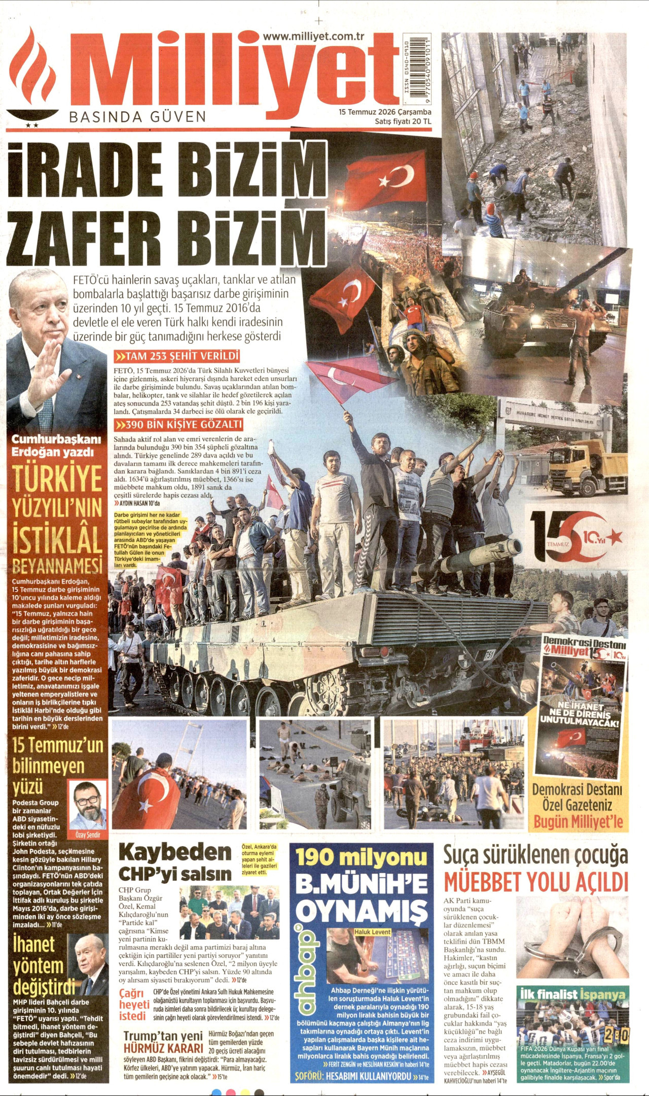 Milliyet Gazetesi Manşeti - 15 Temmuz 2026 Birinci Sayfa