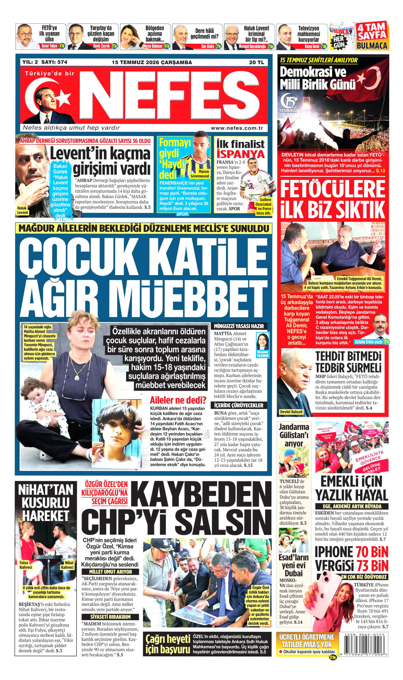 Nefes Gazetesi Manşeti - 15 Temmuz 2026 Birinci Sayfa