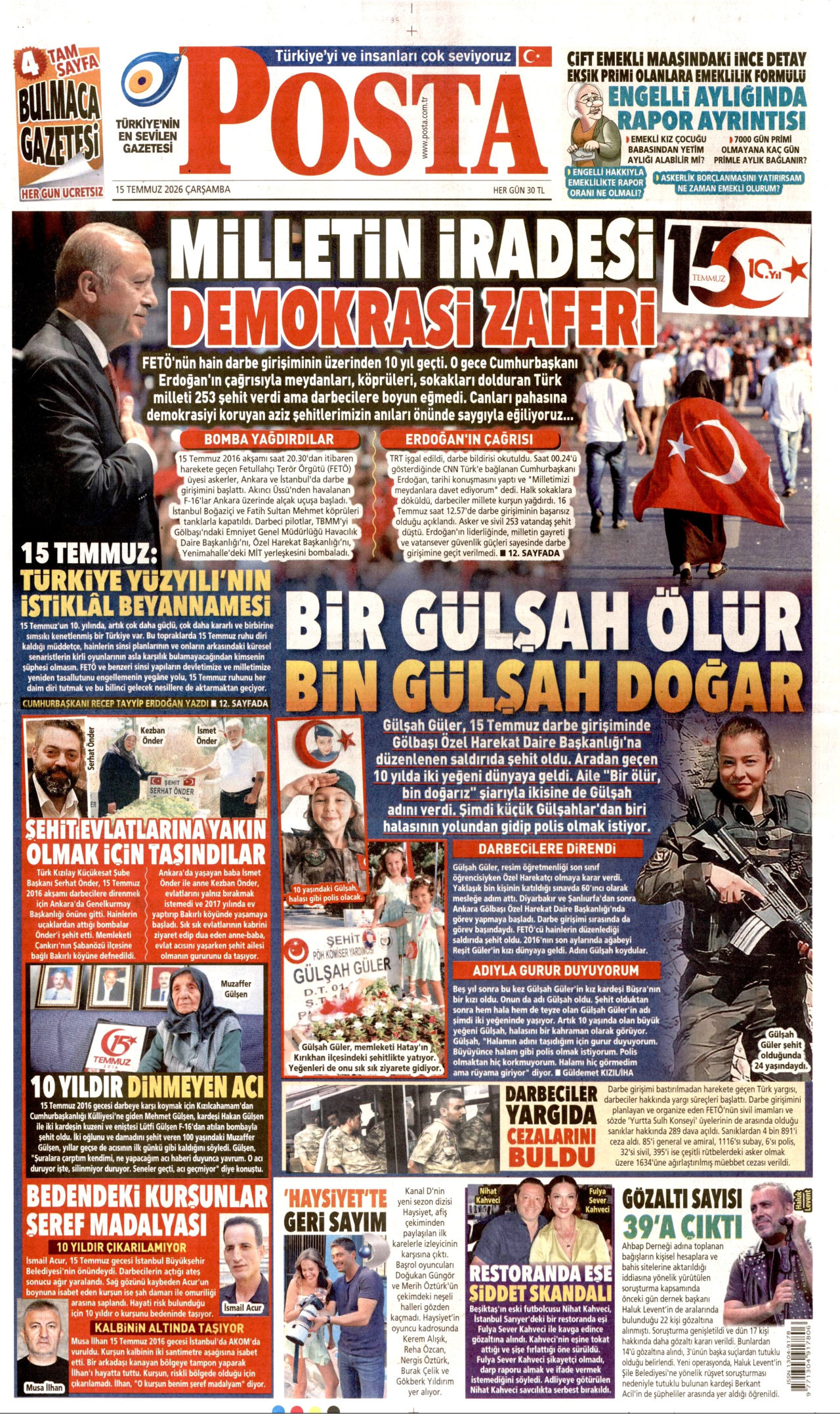 Posta Gazetesi Manşeti - 15 Temmuz 2026 Birinci Sayfa