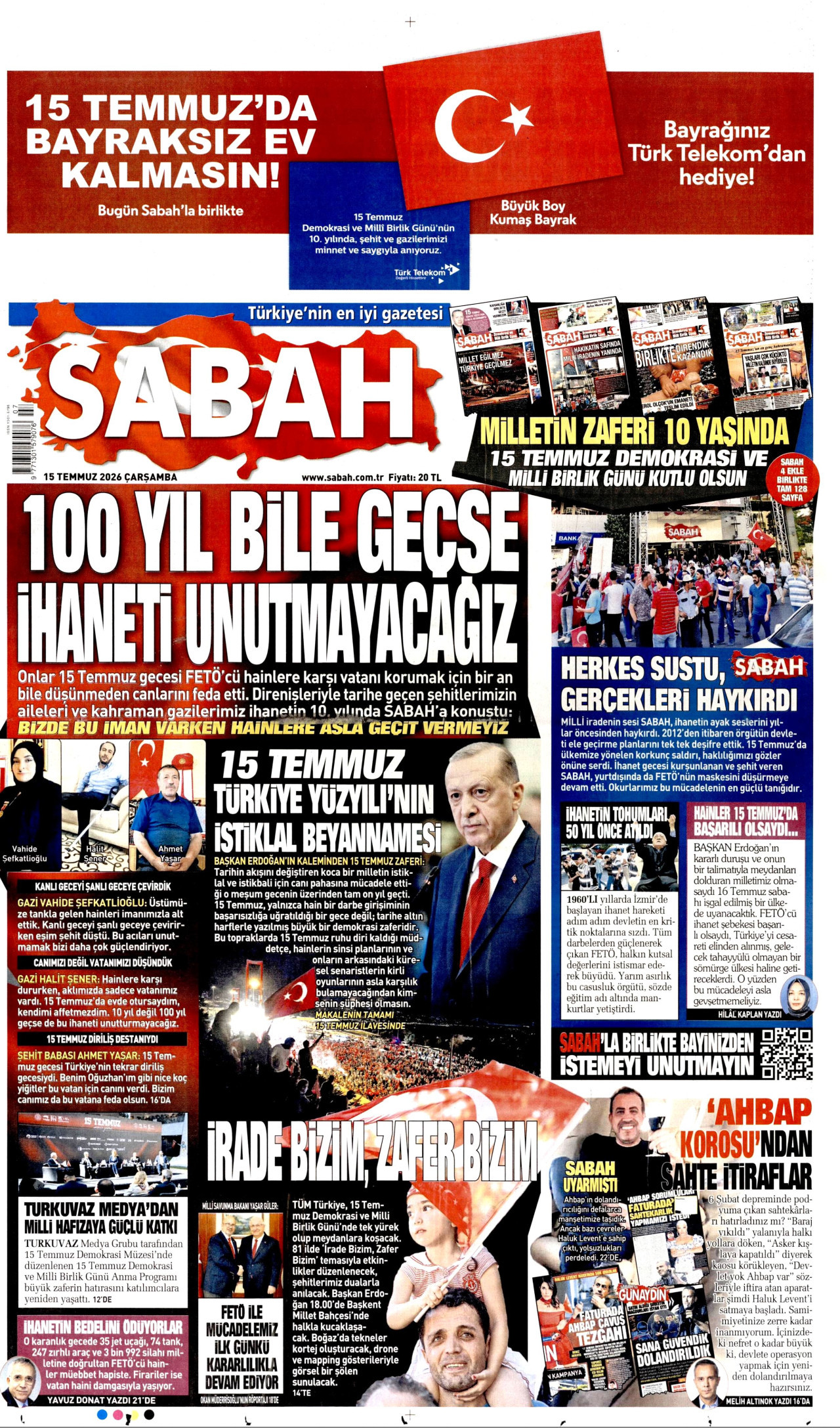Sabah Gazetesi Manşeti - 15 Temmuz 2026 Birinci Sayfa