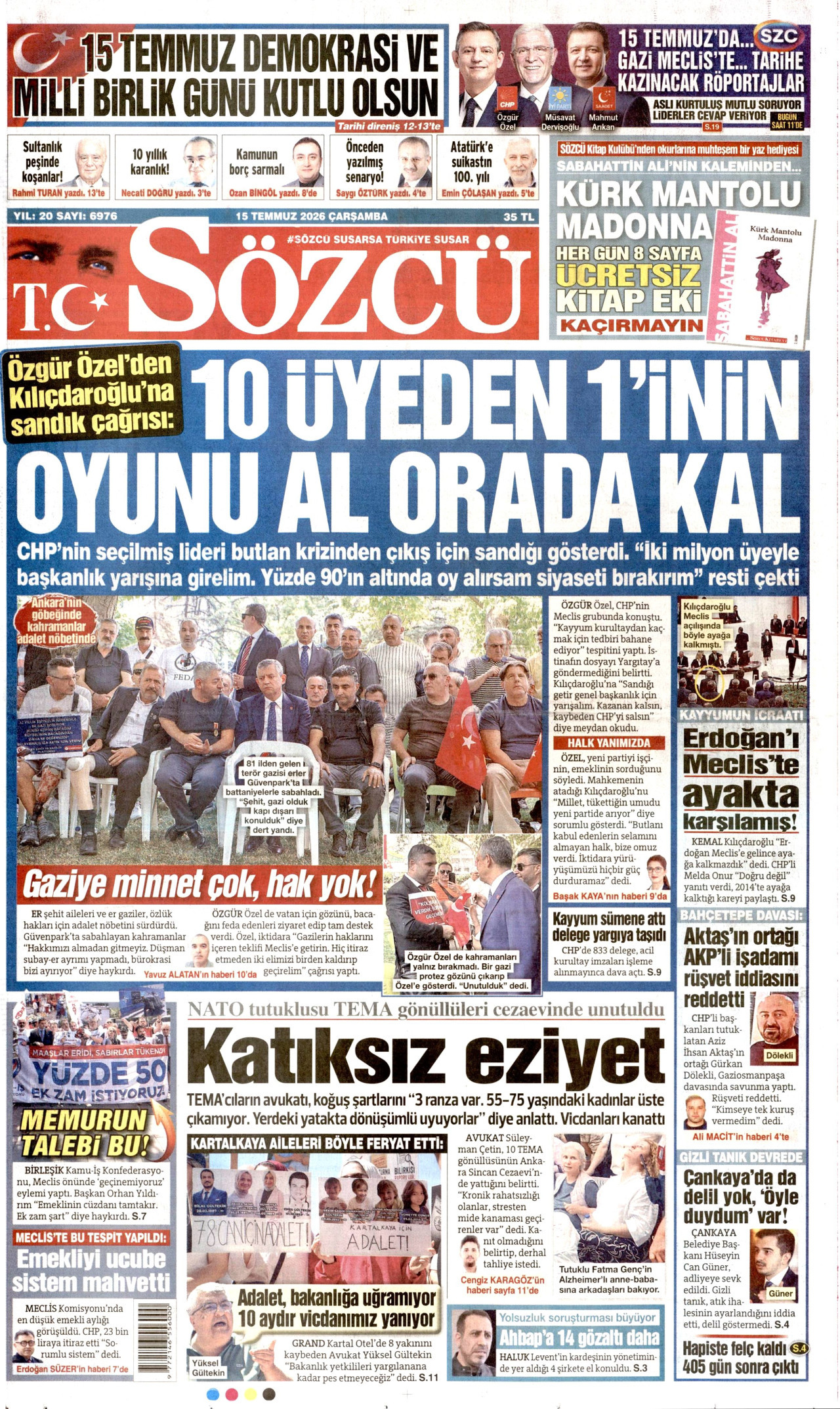 Sözcü Gazetesi Manşeti - 15 Temmuz 2026 Birinci Sayfa