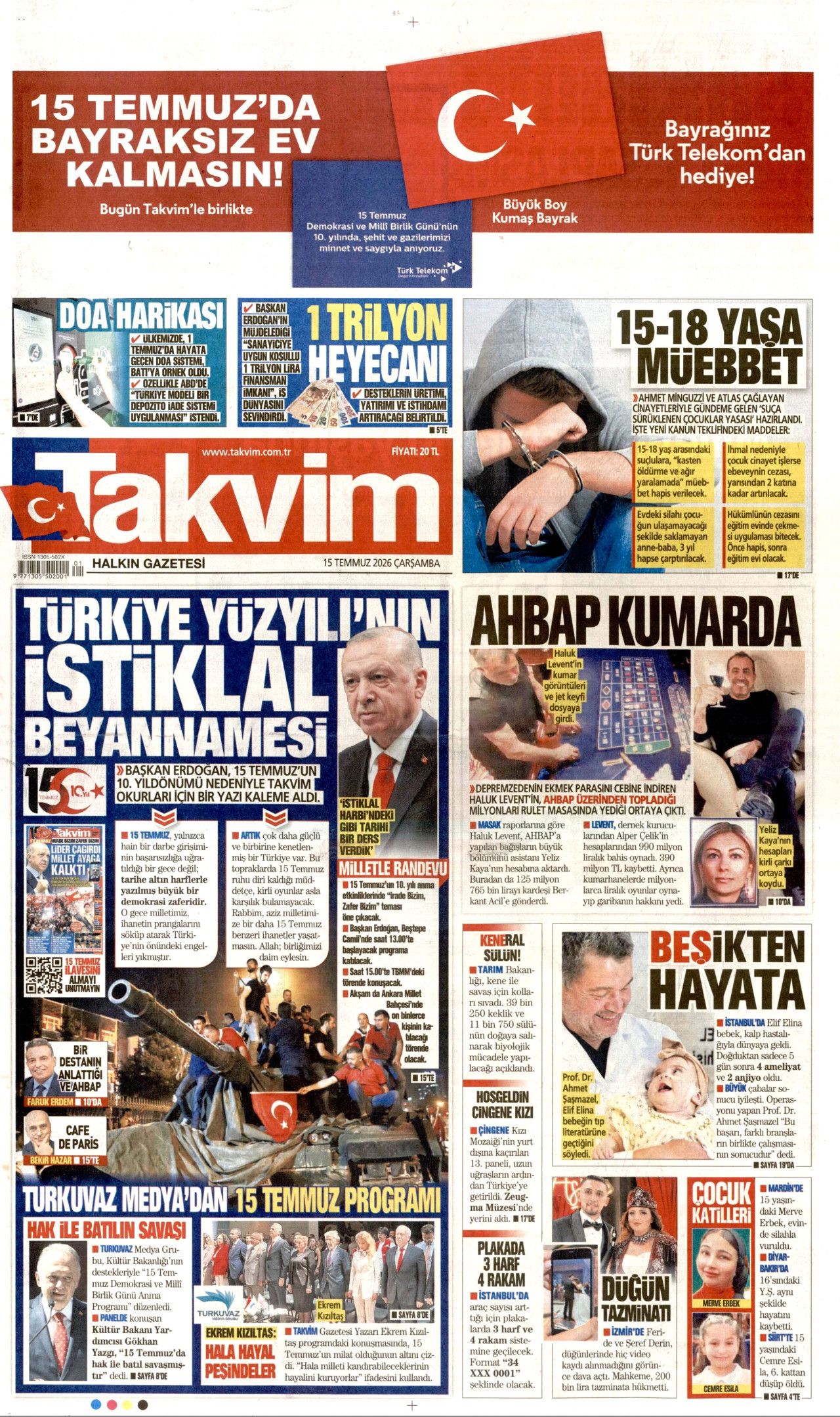 Takvim Gazetesi Manşeti - 15 Temmuz 2026 Birinci Sayfa
