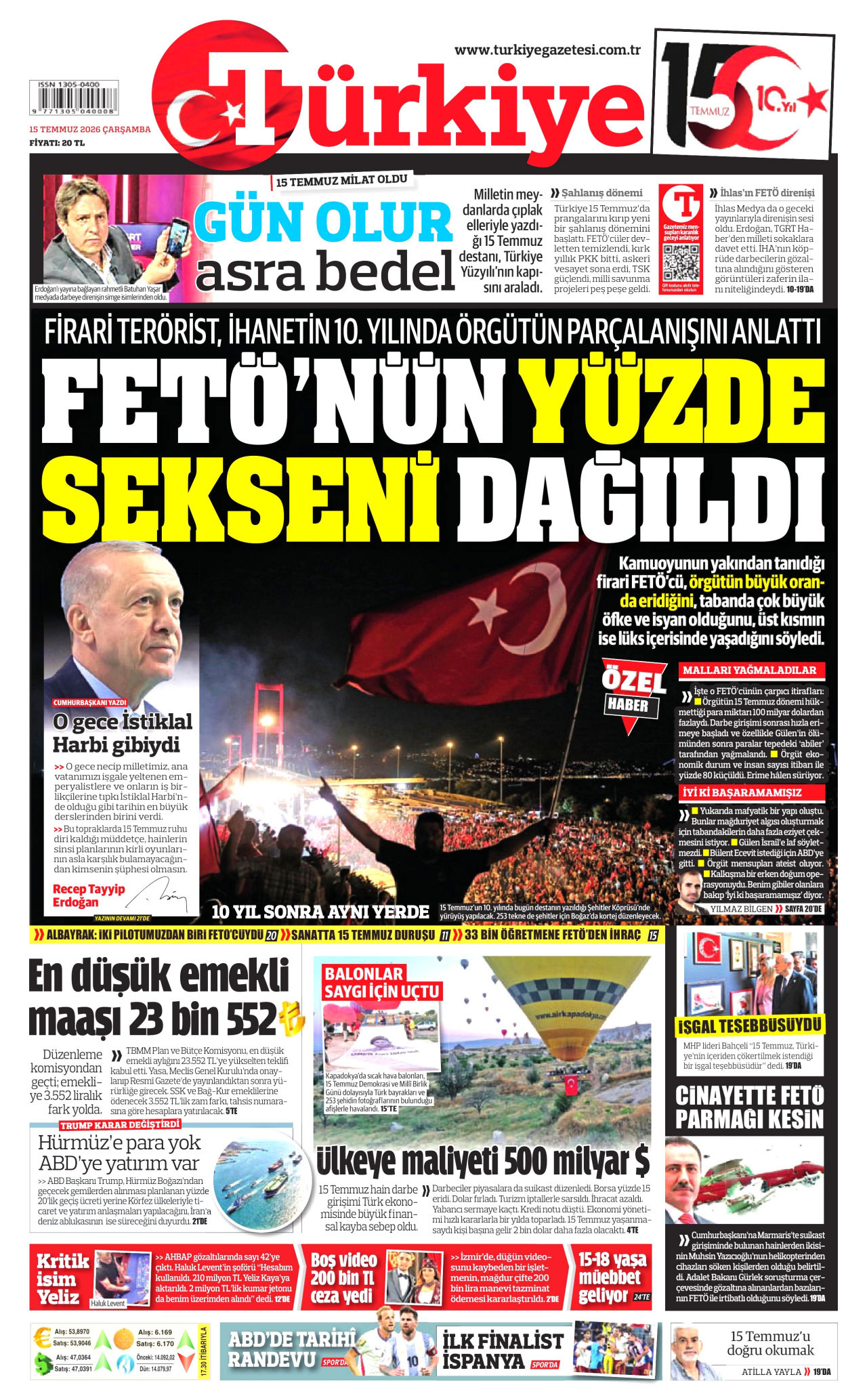 Türkiye Gazetesi Gazetesi Manşeti - 15.07.2026