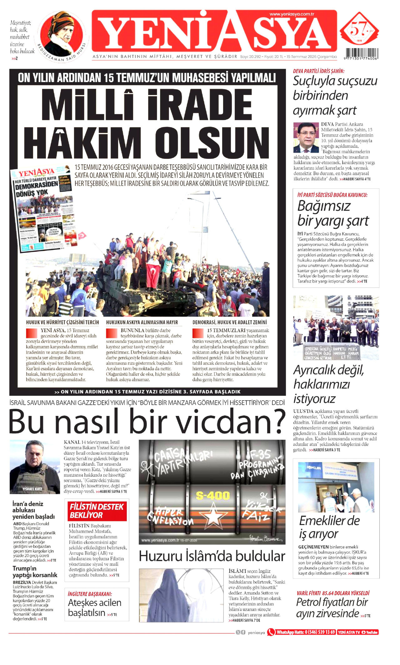 Yeni Asya Gazetesi Manşeti - 15 Temmuz 2026 Birinci Sayfa