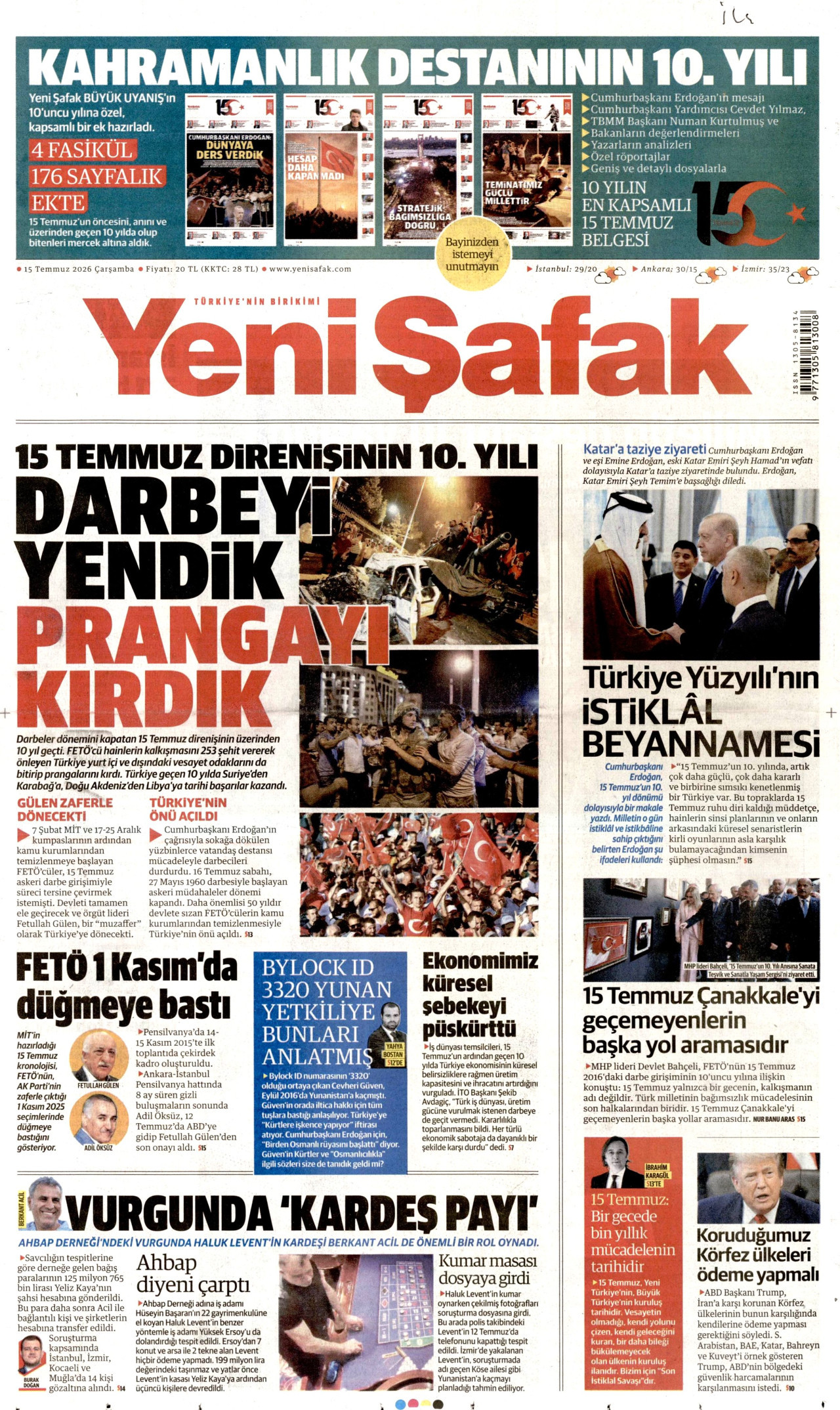 Yeni Şafak Gazetesi Manşeti - 15 Temmuz 2026 Birinci Sayfa