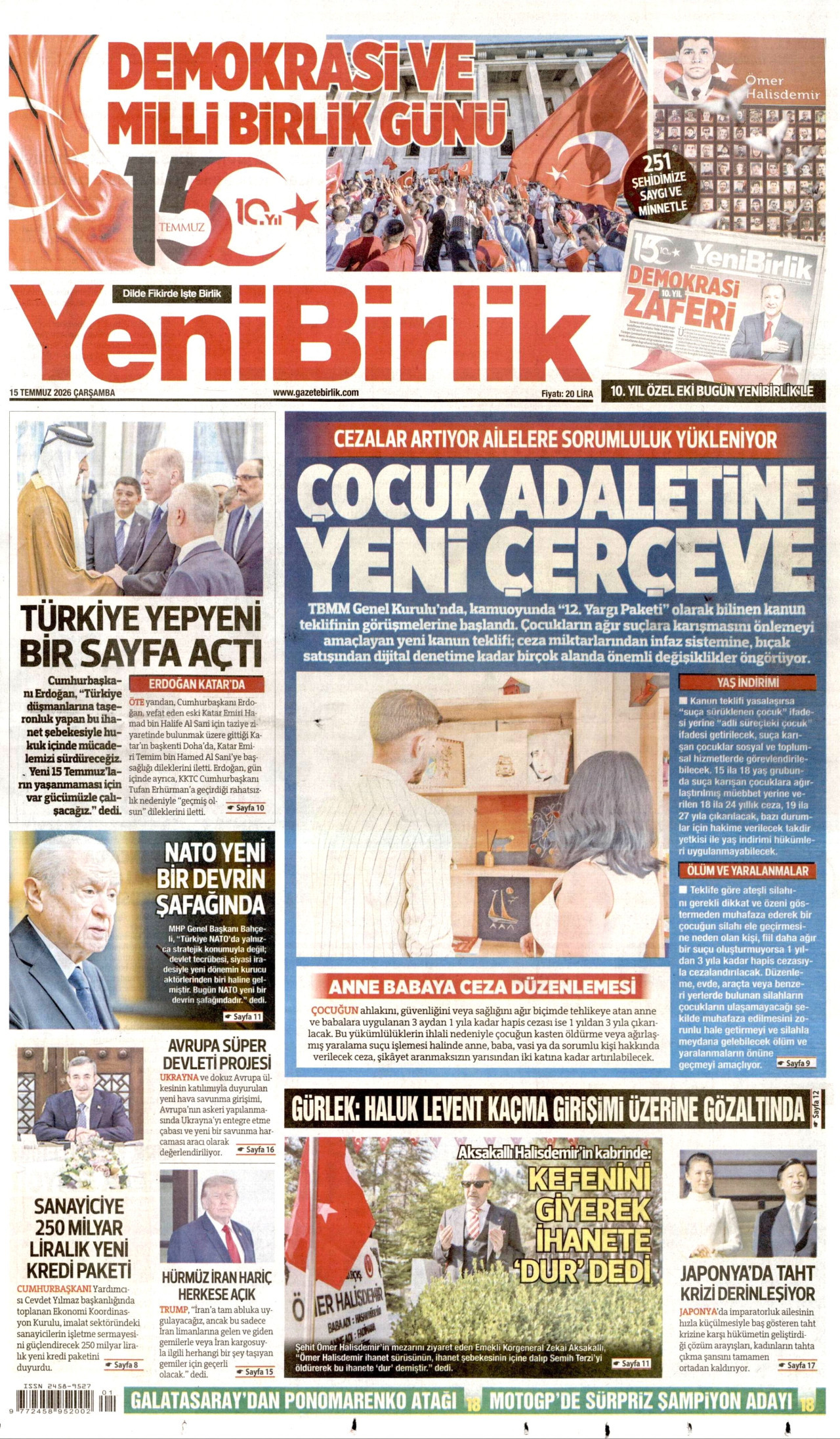 YeniBirlik Gazetesi Manşeti - 15 Temmuz 2026 Birinci Sayfa