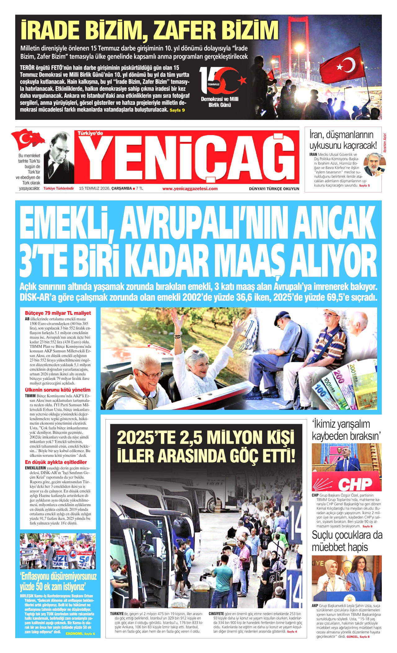 Yeniçağ Gazetesi Manşeti - 15 Temmuz 2026 Birinci Sayfa