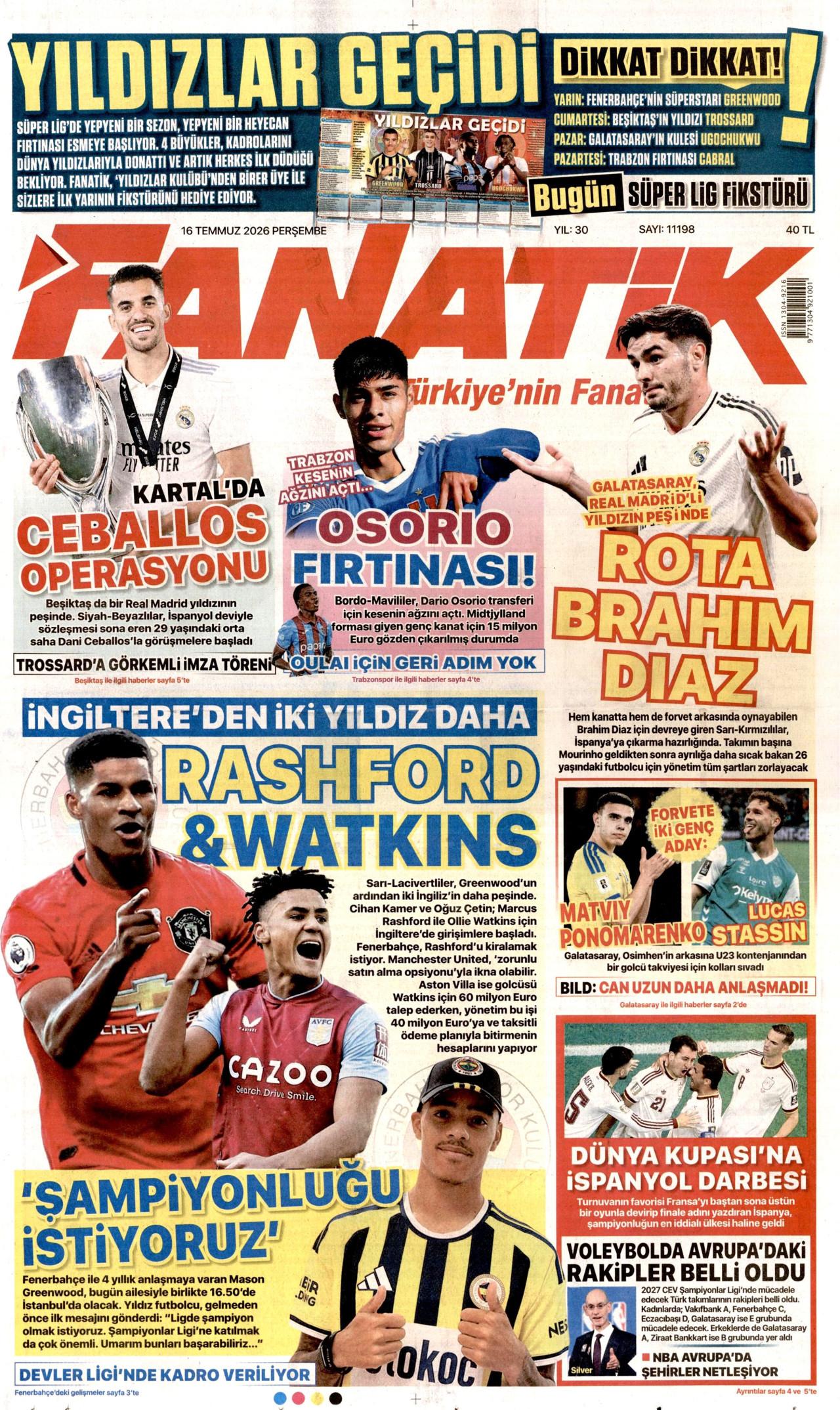 Fanatik Gazetesi Manşeti - 16 Temmuz 2026 Birinci Sayfa