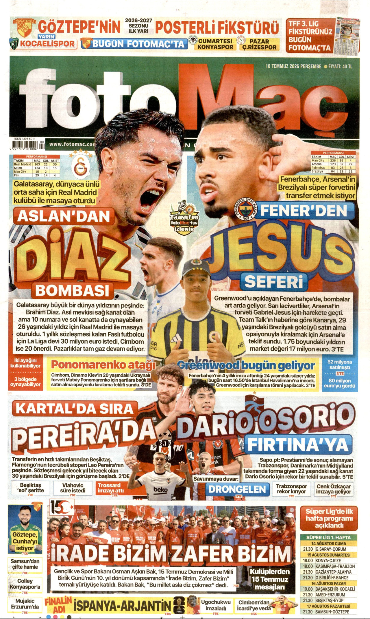 Fotomaç Gazetesi Manşeti - 16 Temmuz 2026 Birinci Sayfa