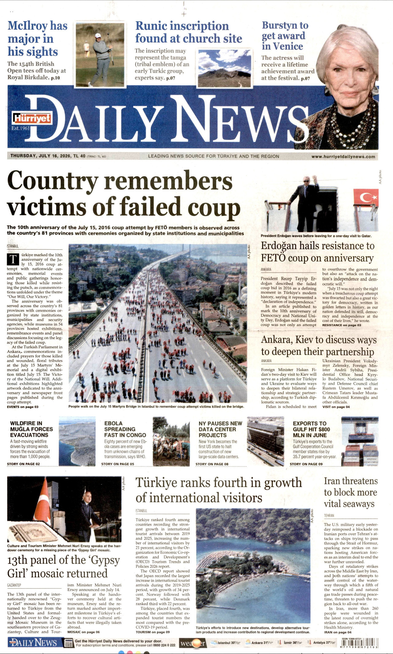 Hürriyet Daily News Gazetesi Manşeti - 16 Temmuz 2026 Birinci Sayfa