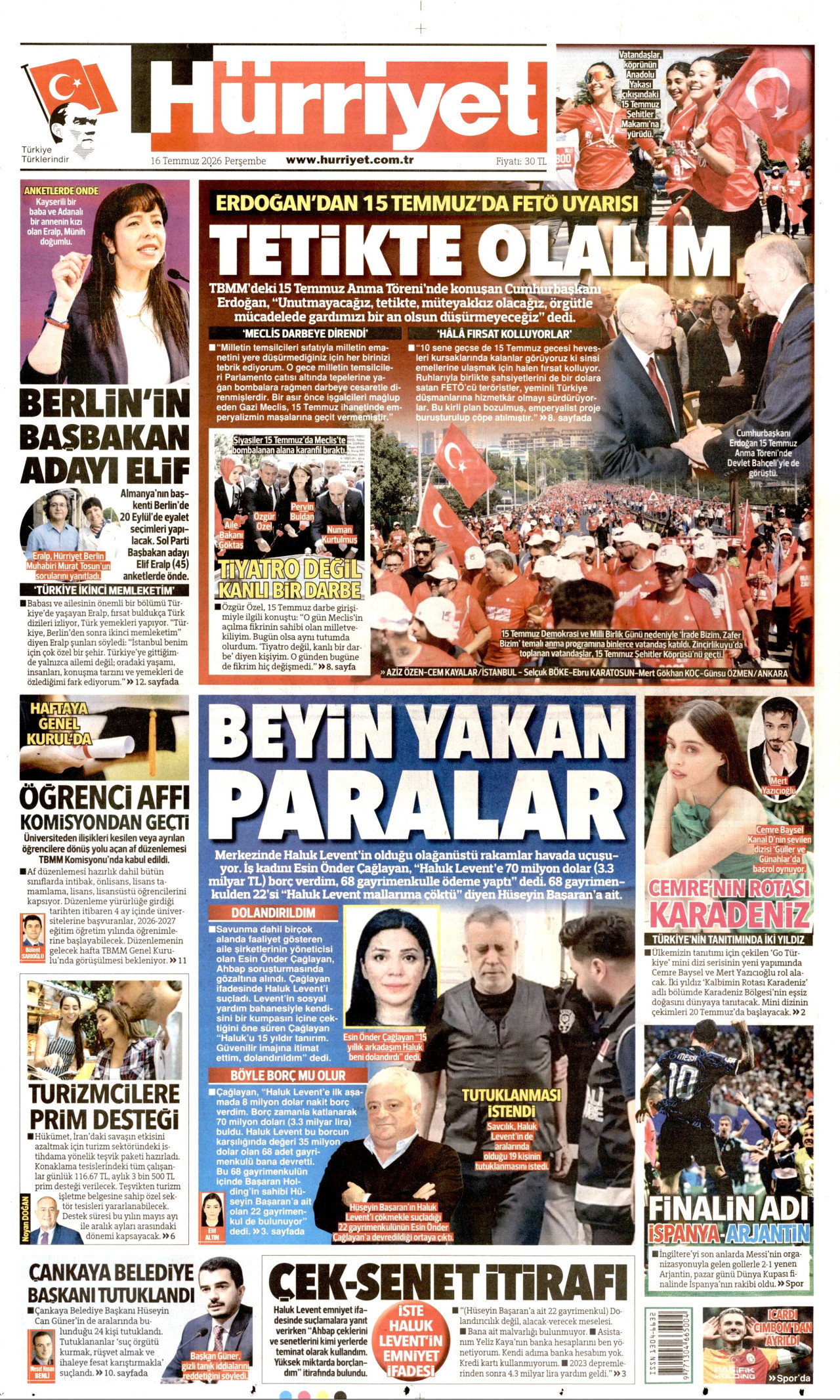 Hürriyet Gazetesi Manşeti - 16 Temmuz 2026 Birinci Sayfa