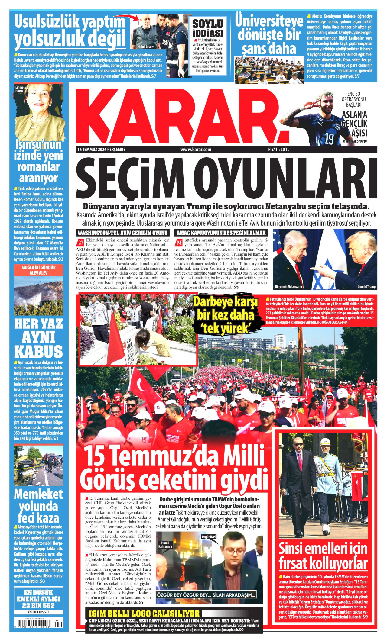 Karar Gazetesi Manşeti - 16 Temmuz 2026 Birinci Sayfa