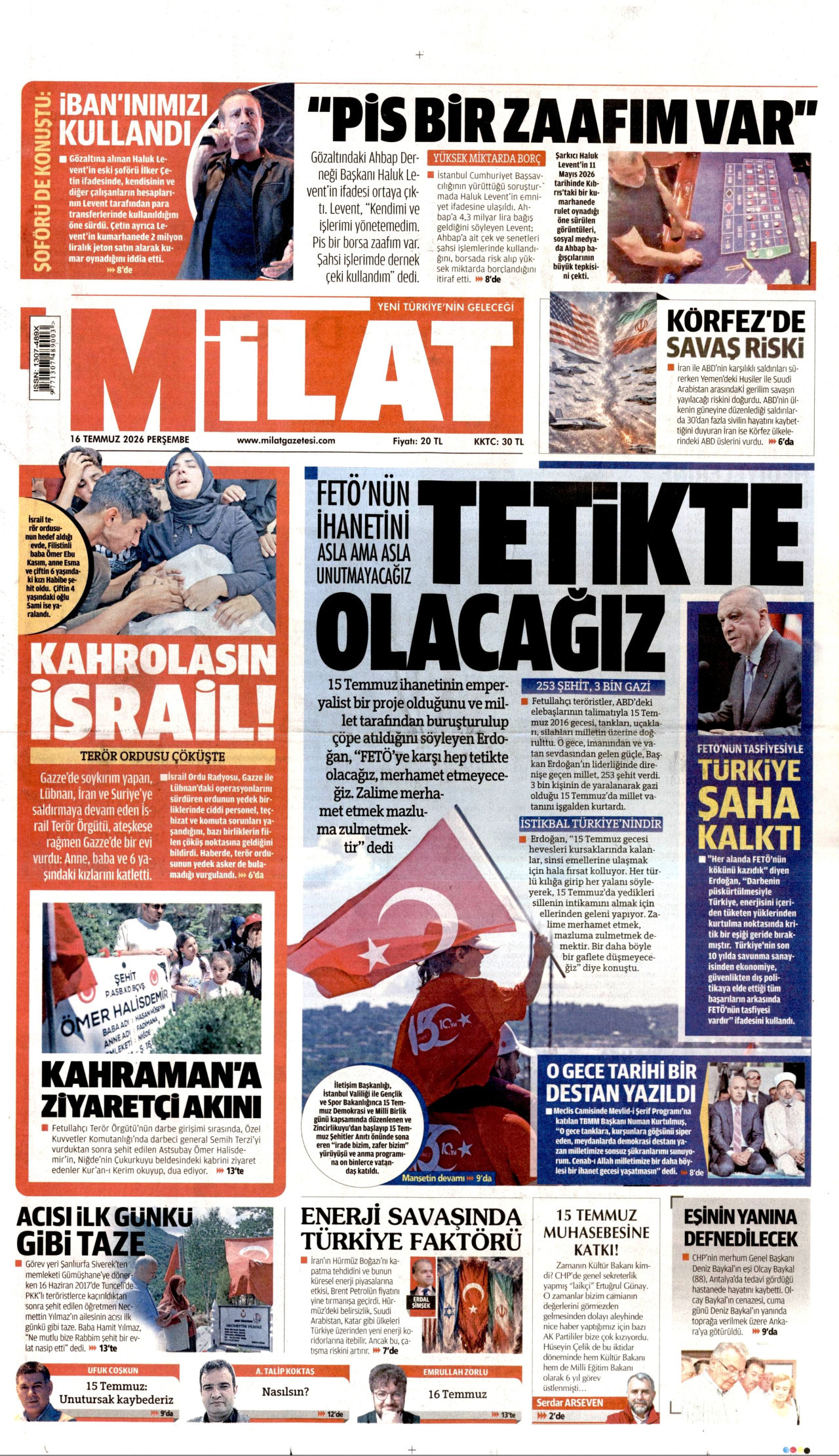 Milat Gazetesi Manşeti - 16 Temmuz 2026 Birinci Sayfa