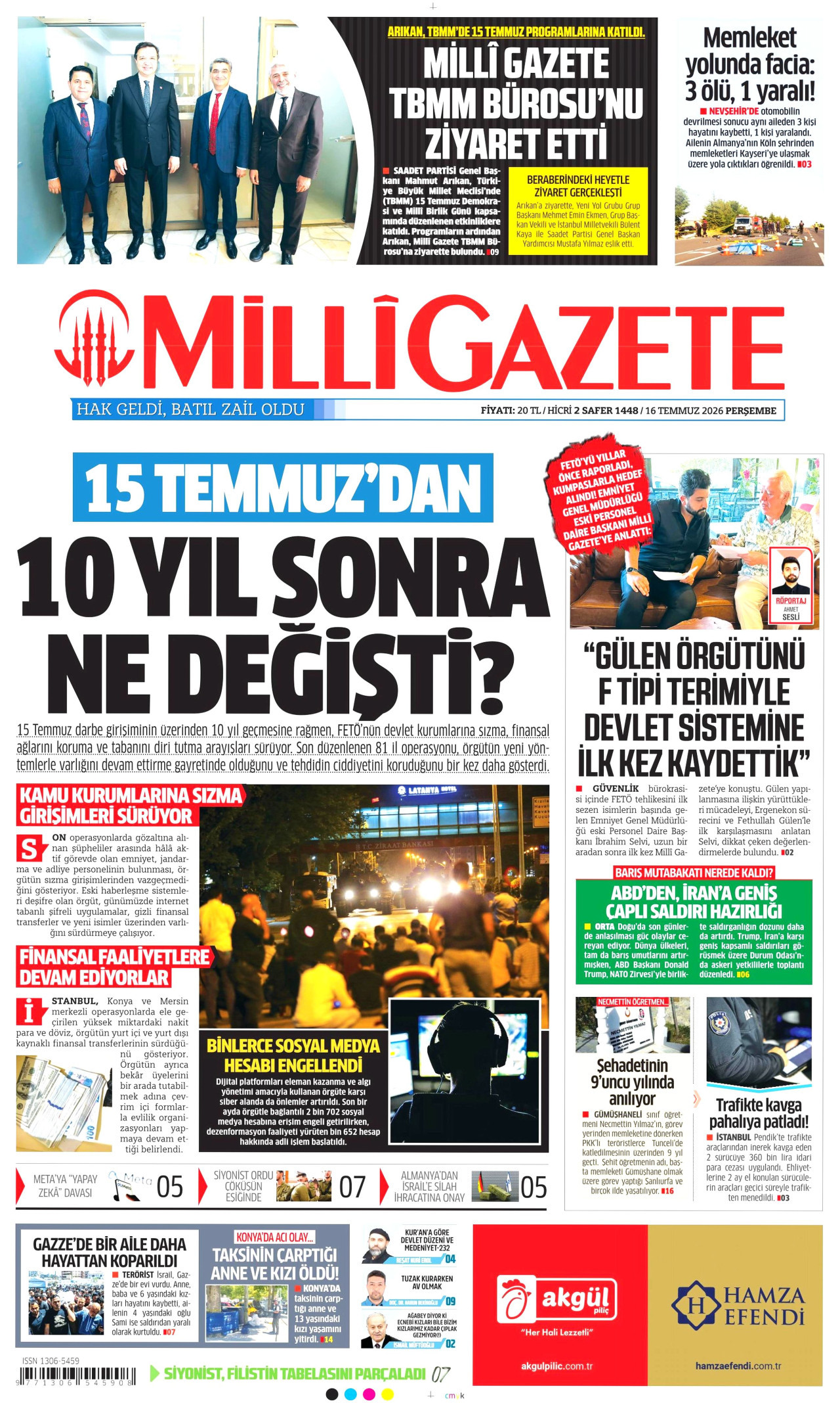 Milli Gazete Gazetesi Manşeti - 16 Temmuz 2026 Birinci Sayfa