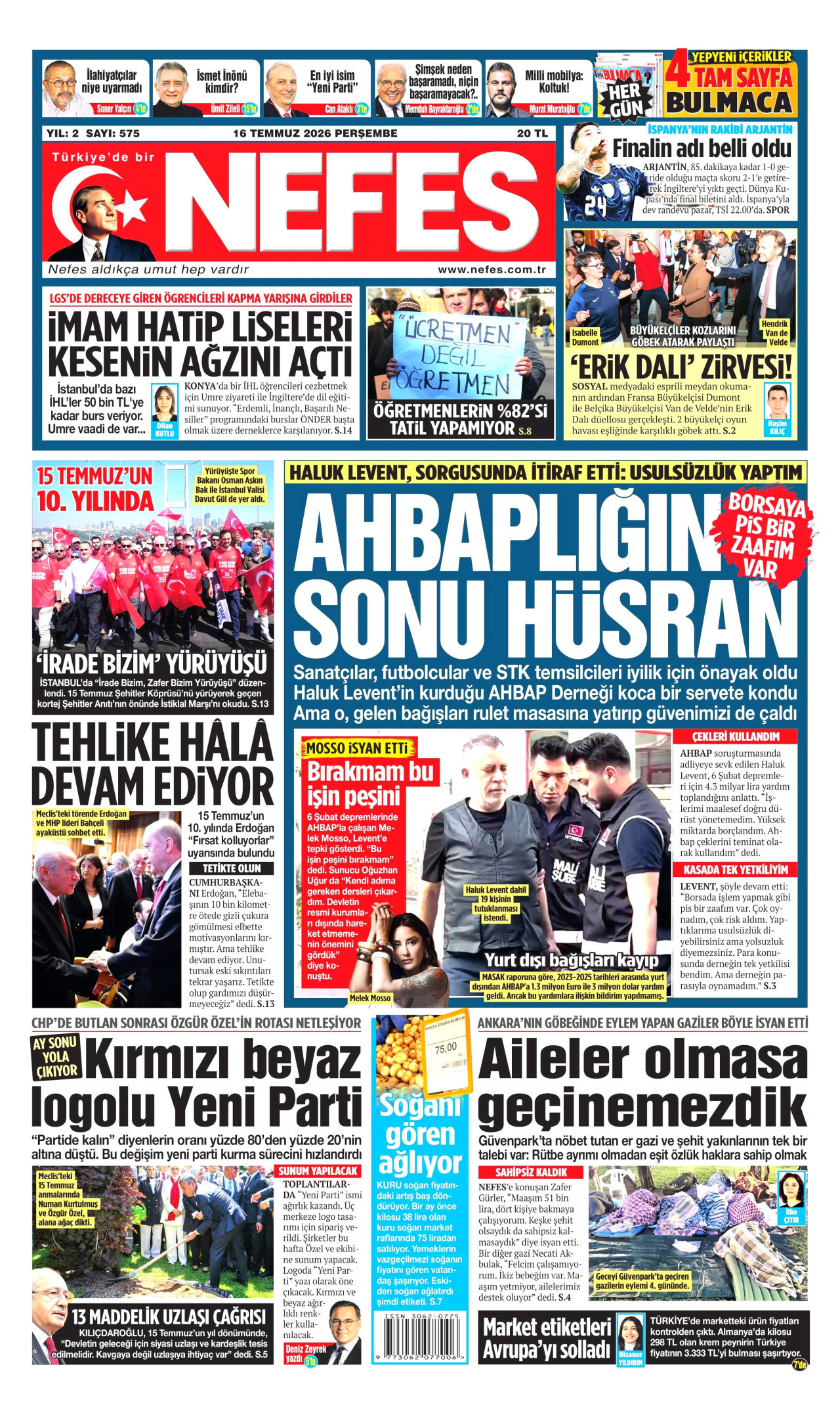 Nefes Gazetesi Manşeti - 16.07.2026
