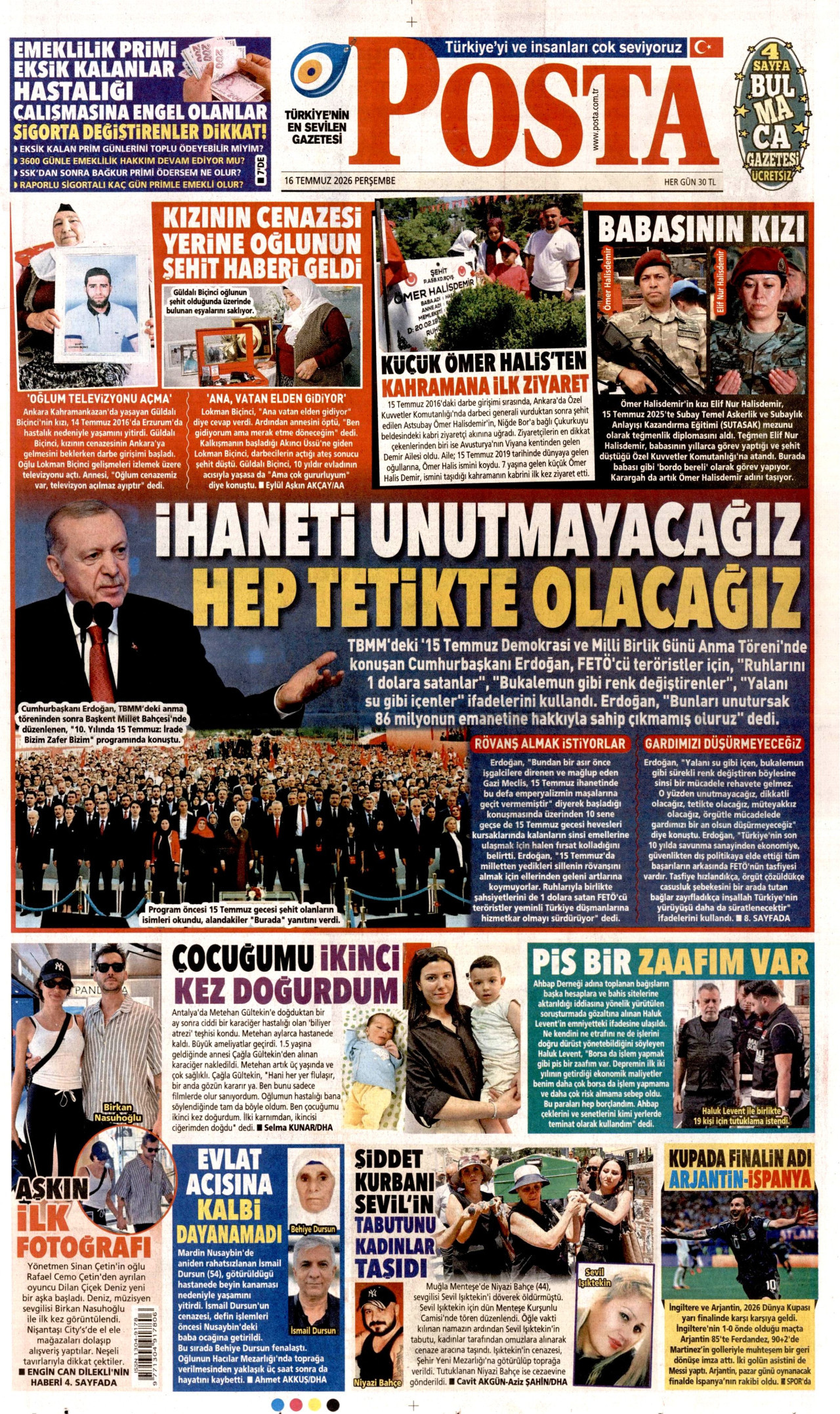 Posta Gazetesi Manşeti - 16 Temmuz 2026 Birinci Sayfa