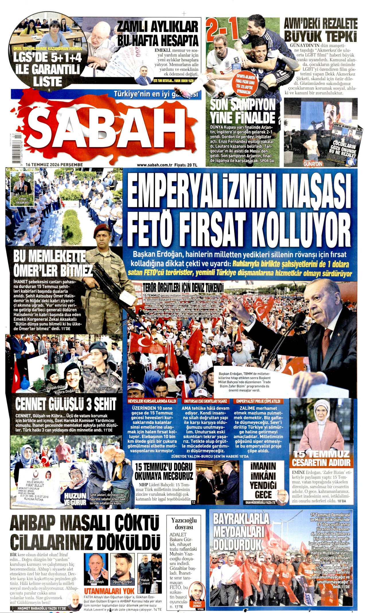 Sabah Gazetesi Manşeti - 16 Temmuz 2026 Birinci Sayfa