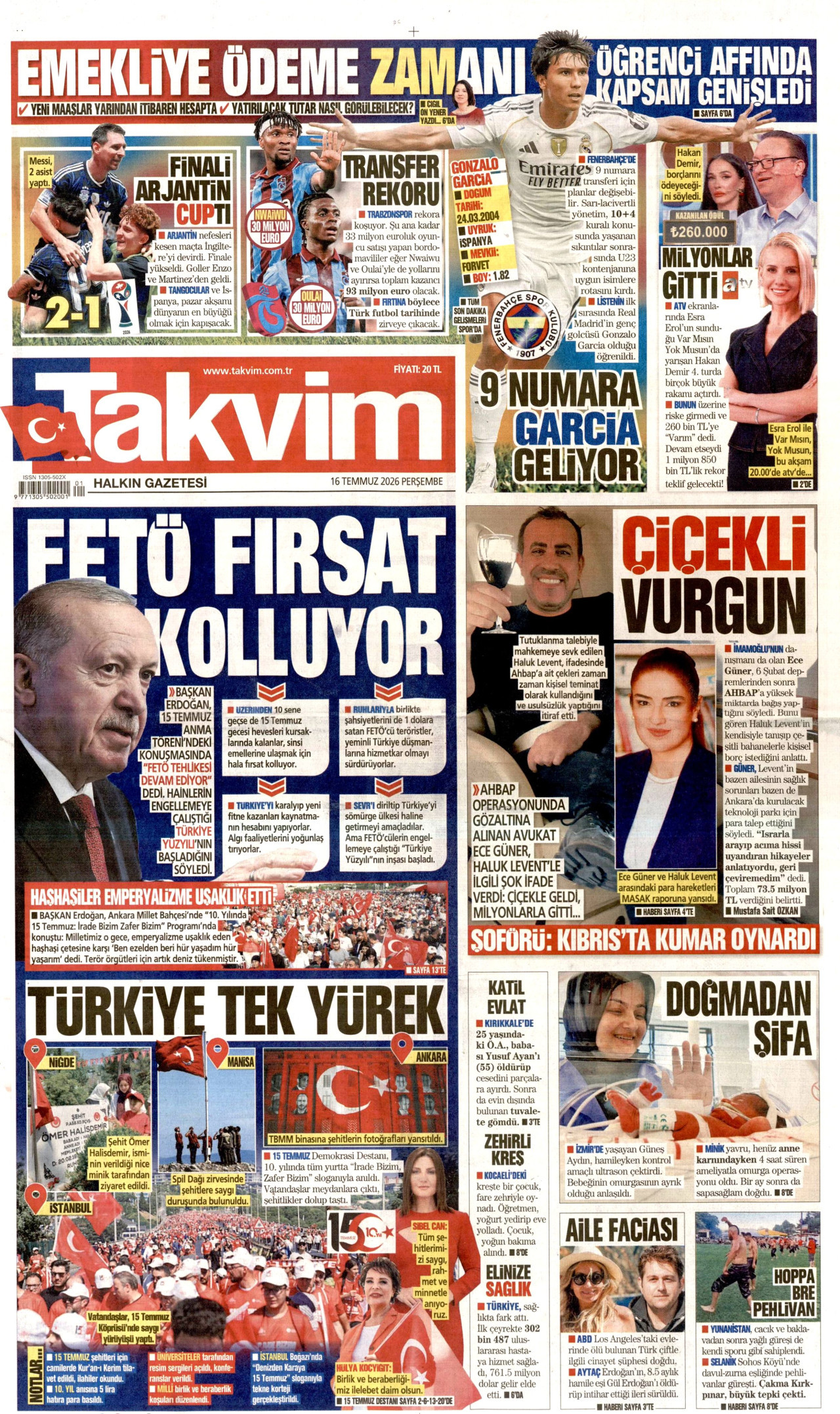 Takvim Gazetesi Manşeti - 14 Temmuz 2026 Birinci Sayfa