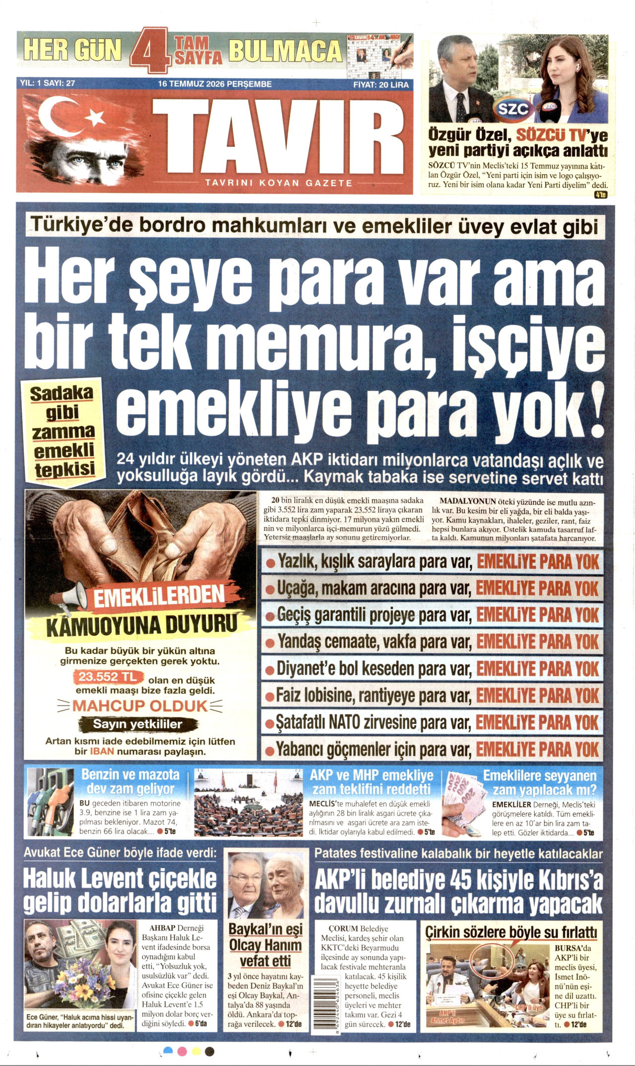 Tavır Gazetesi Gazetesi Manşeti - 16 Temmuz 2026 Birinci Sayfa