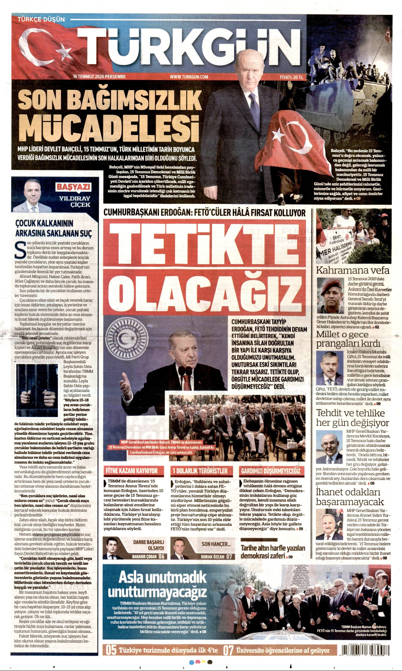 Türkgün Gazetesi Manşeti - 16 Temmuz 2026 Birinci Sayfa