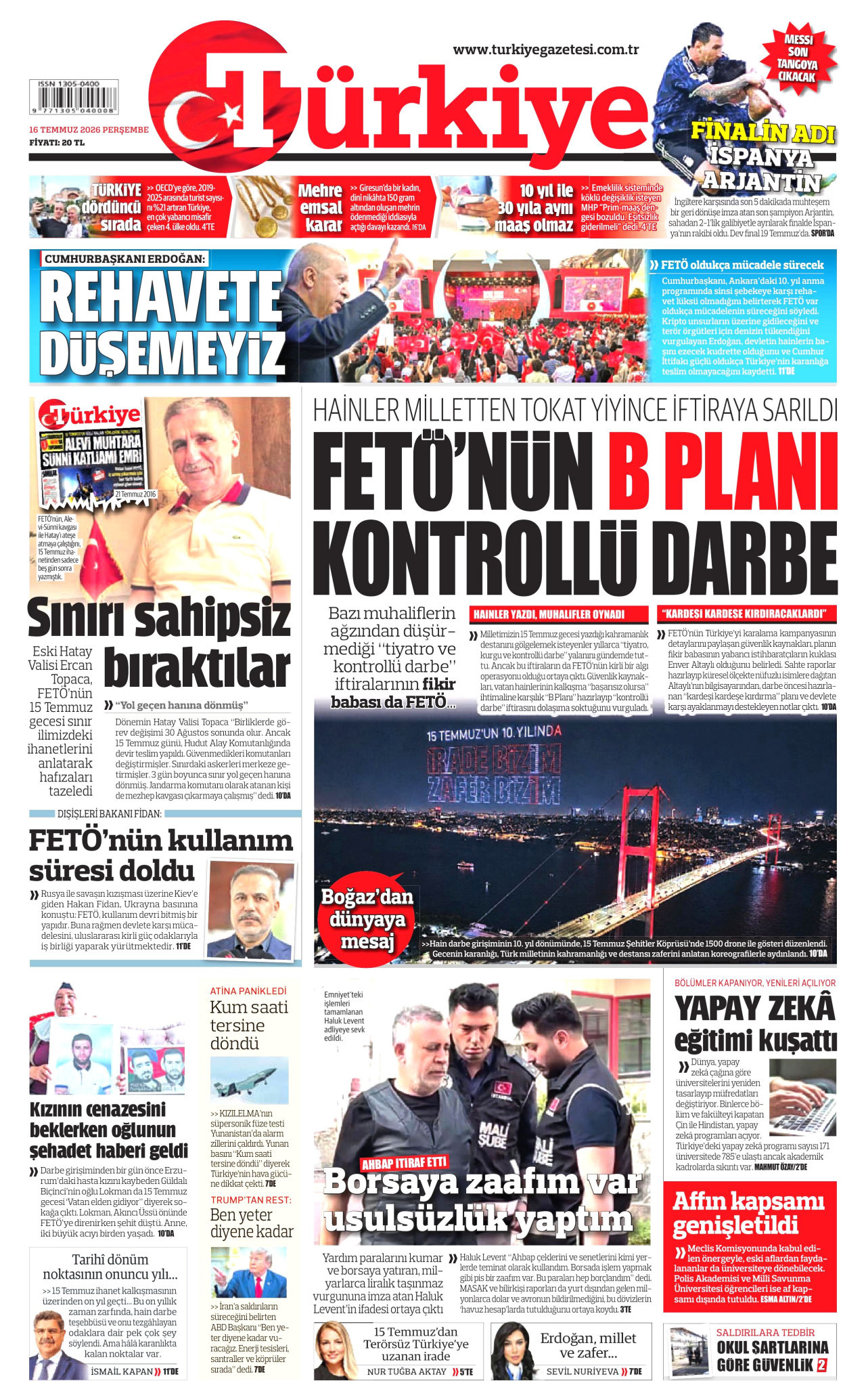 Türkiye Gazetesi Gazetesi Manşeti - 16 Temmuz 2026 Birinci Sayfa