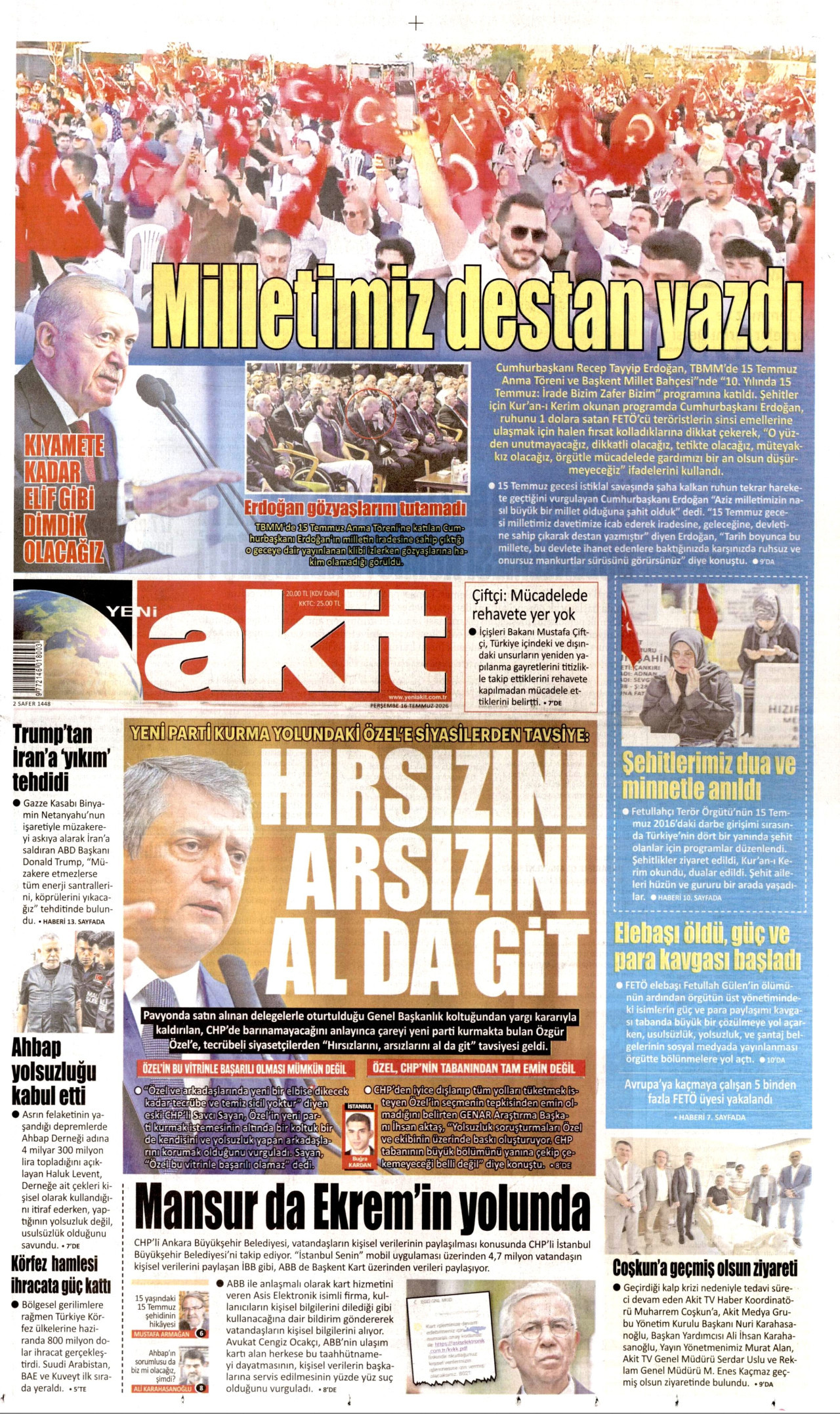 Yeni Akit Gazetesi Manşeti - 16.07.2026