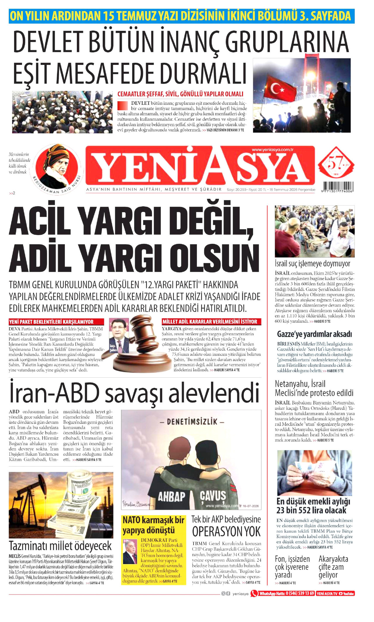Yeni Asya Gazetesi Manşeti - 16 Temmuz 2026 Birinci Sayfa